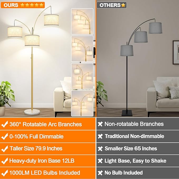 Nintiue Nintiue Dimmable Floor Lamp - 3 Lights Gold Floor Lamps for Living Room Linen White Shades & Marble Base, Mid Century Tree Floor Lamp for Bedroom Office, 3 LED Bulbs Included photo 2