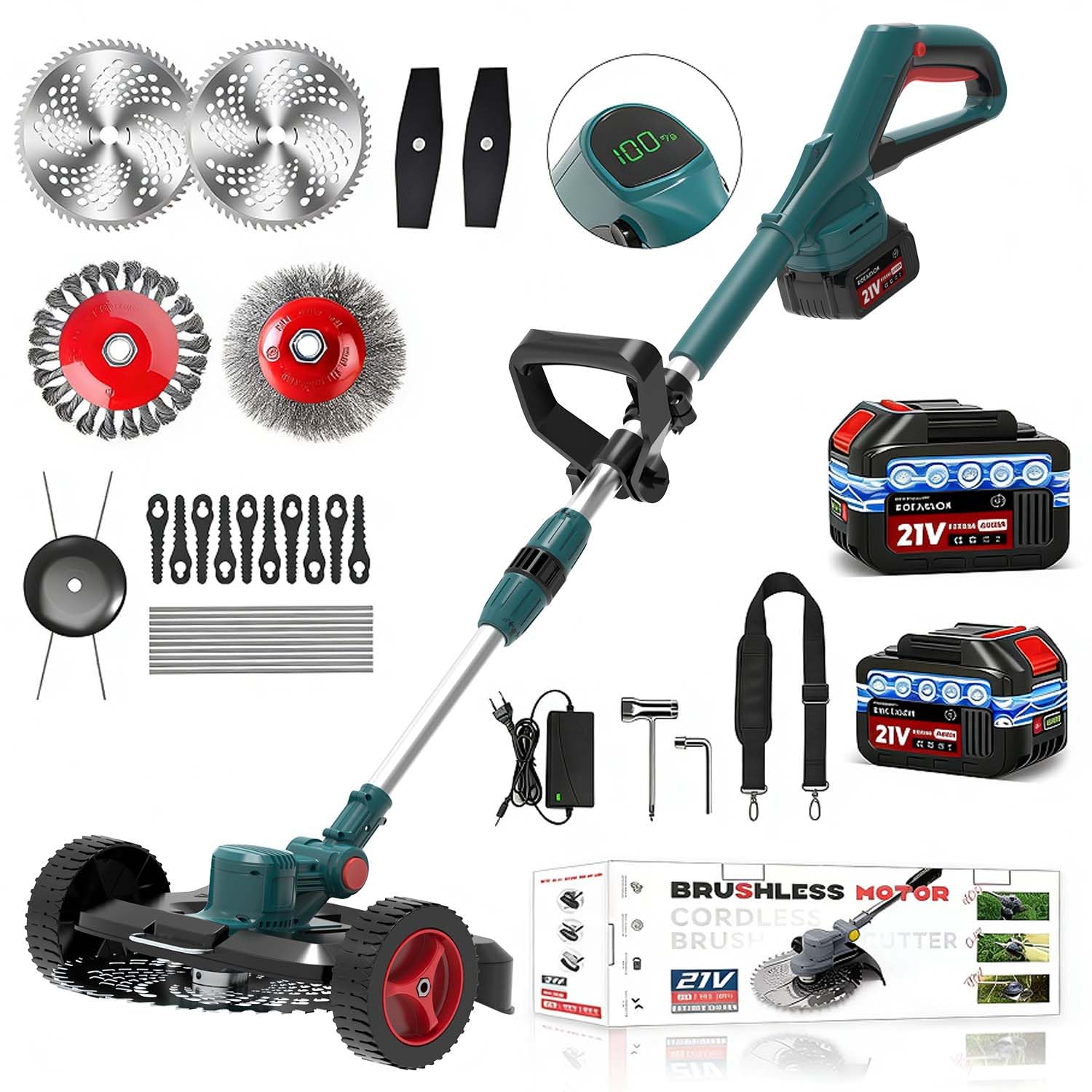 Rasentrimmer mit Akku Für Makita Akkus, 21V -750W Motor Mit 2 Akku und Ladegerät, 4-in-1 Akku rasentrimmer, Akku Freischneider, 20000U/min Mit LCD-Anzeige – für Dickicht und hohes Gras