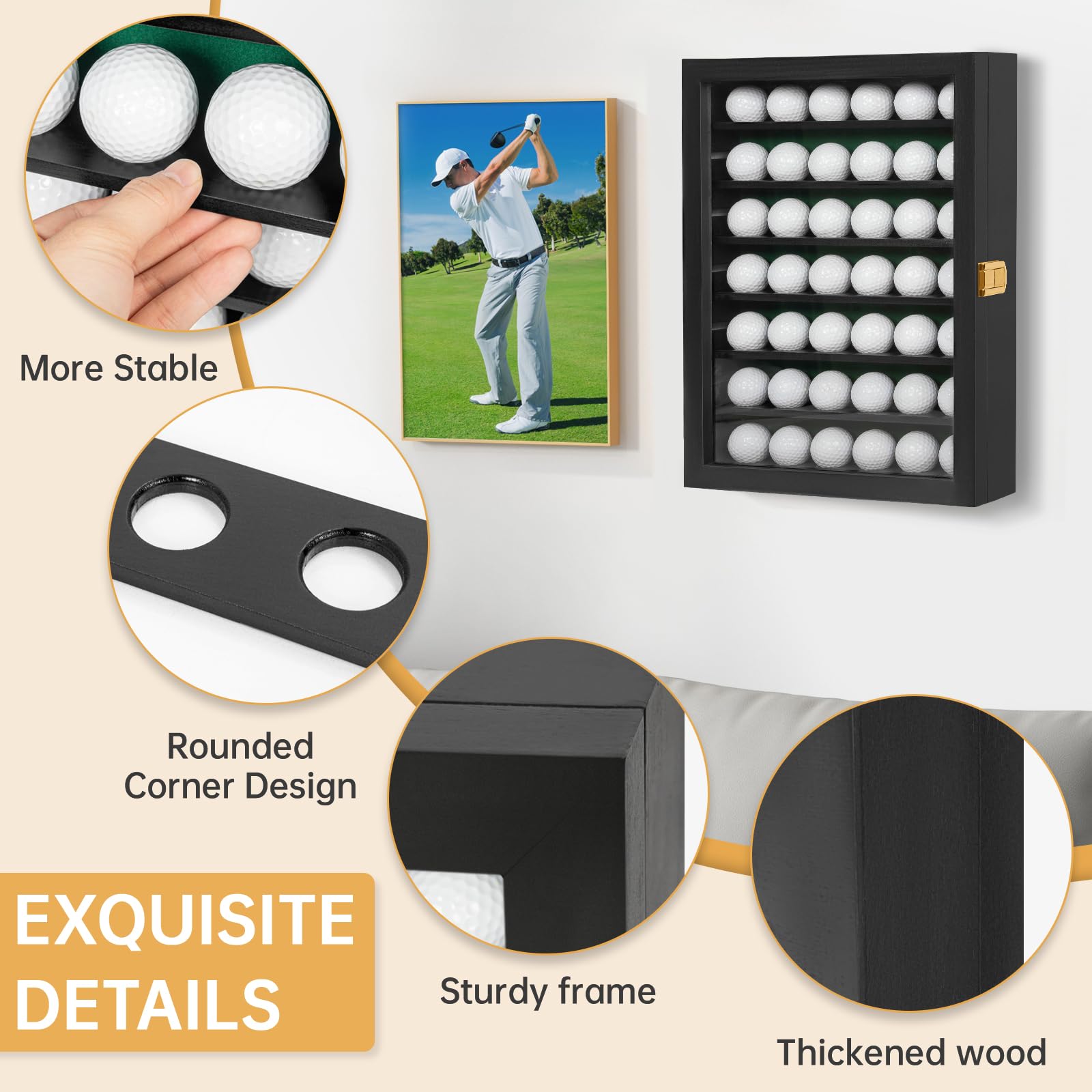 Vitrina para pelotas de golf, 42 soportes para pelotas de golf, regalo para entusiastas del golf, gabinete de exhibición para montaje en pared y soporte (negro, para 42 pelotas de golf)