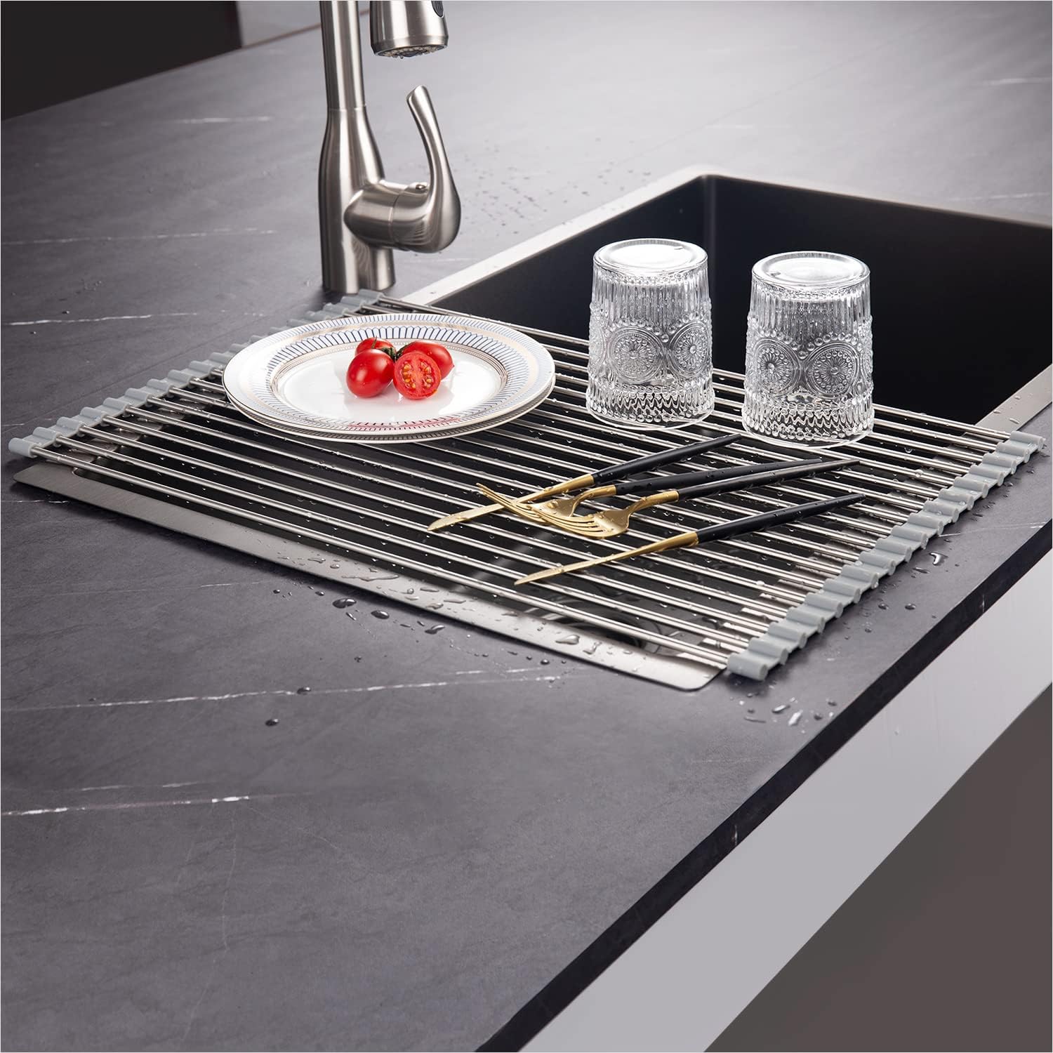 EMBATHER Silicone Wrapped Roll Up Dish Drying Rack (20.8"x13.4", Gray1)