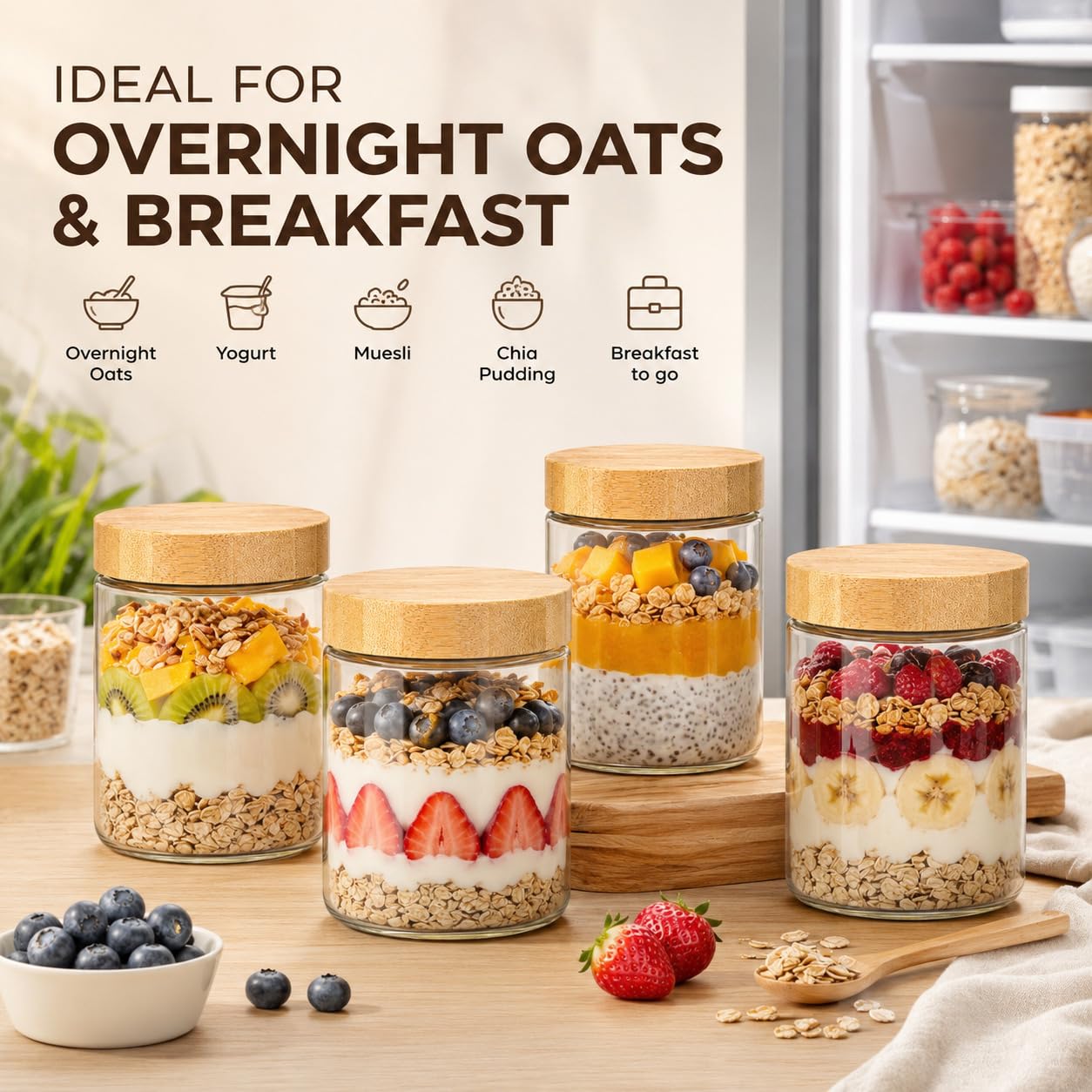 4 vasetti multiuso da 500 ml, con coperchio a vite, per Overnight Oats, barattoli ermetici per conservazione, marinatura e preparazione di pasti multiuso