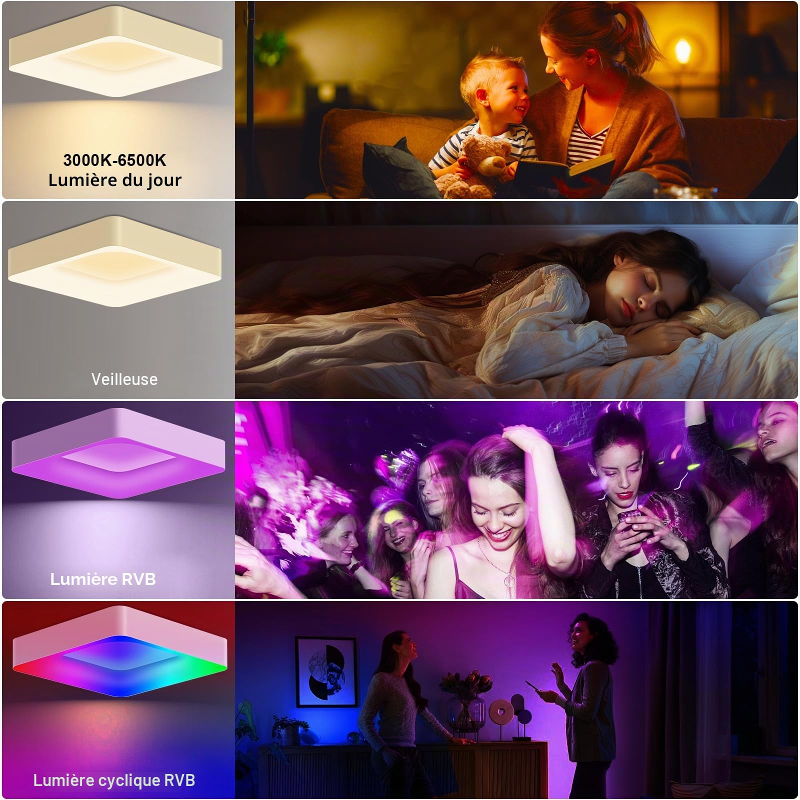 Plafonnier LED RGB 24W à intensité variable avec télécommande 2400 lm, LED plafond intensité variable 3000K-6500K, changement de couleur RGB, pour chambre d'enfant salon cuisine 28x28cm blanc