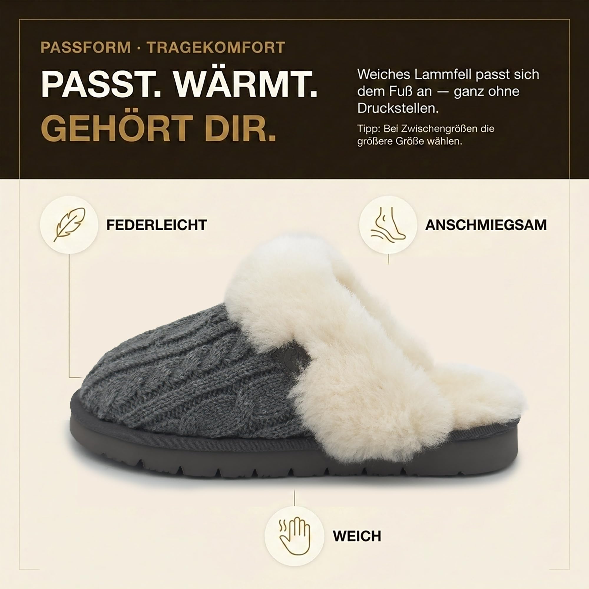 Rohn Moden Lammfell Hausschuhe Damen – Nuri – Warme Hausschuhe Damen mit Schaffell & rutschfester EVA-Sohle – Winter Pantoffeln für zuhause – Slipper gefüttert - Grau