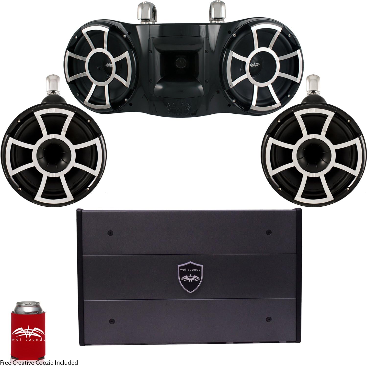 wet sounds REV 3-Some & Amp- REV410 & REV10 Tower Speakers & A SYN-DX 6 Amplifier (Black w/Fixed Clamps)