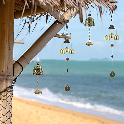Miniatura 5 de 4 carillones de viento Feng Shui chino Feng Shui Metal Lucky Bell 3 campanas de viento colgantes vintage dragón y peces carillón colgante para buena