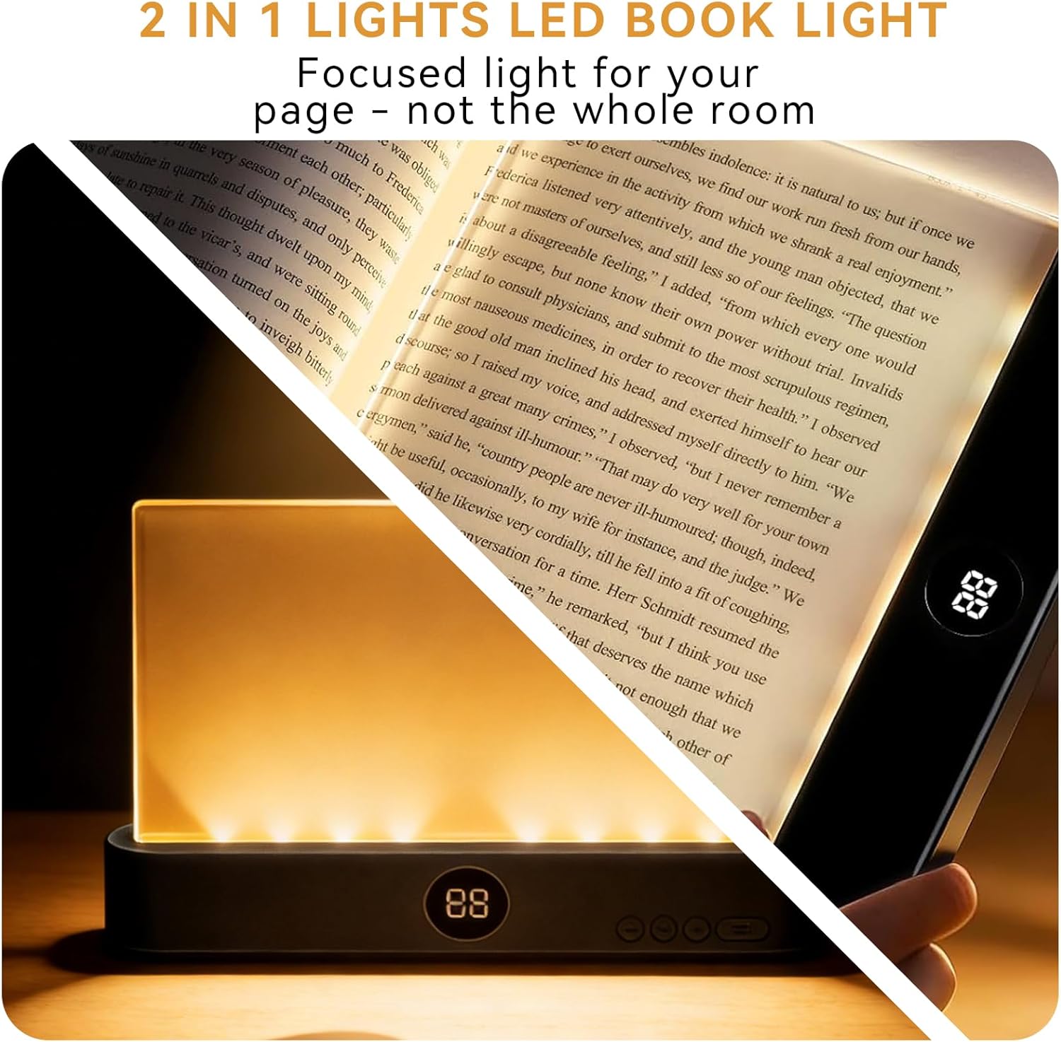 Book Light, Rechargeable Clear LED Flat Book Lights for Reading in Bed at Night with 3 Colors & Timer, Dimmable Panel Plate Book Lamp Full Page Light, for Readers Book Lovers (White)