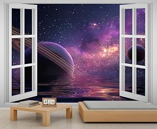 3D Window Fantasy Space Mural Purple Nebula Ringed Planet Wallpaper Reflective Ocean Celestial Mural Wallpaper for Living Room Bedroom 118" x 82.7"
