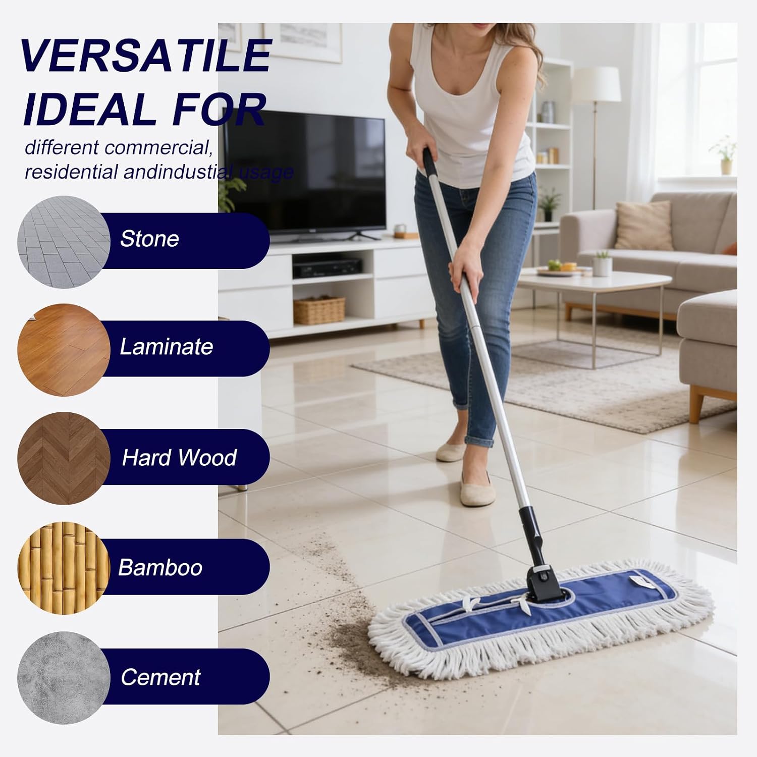 24 Inch Commercial Cotton Dust Mop Head Replacement, Heavy Duty Industrial Wet Mop Pad with High Absorbency, for Janitorial & Commercial Floor Cleaning 2Pack