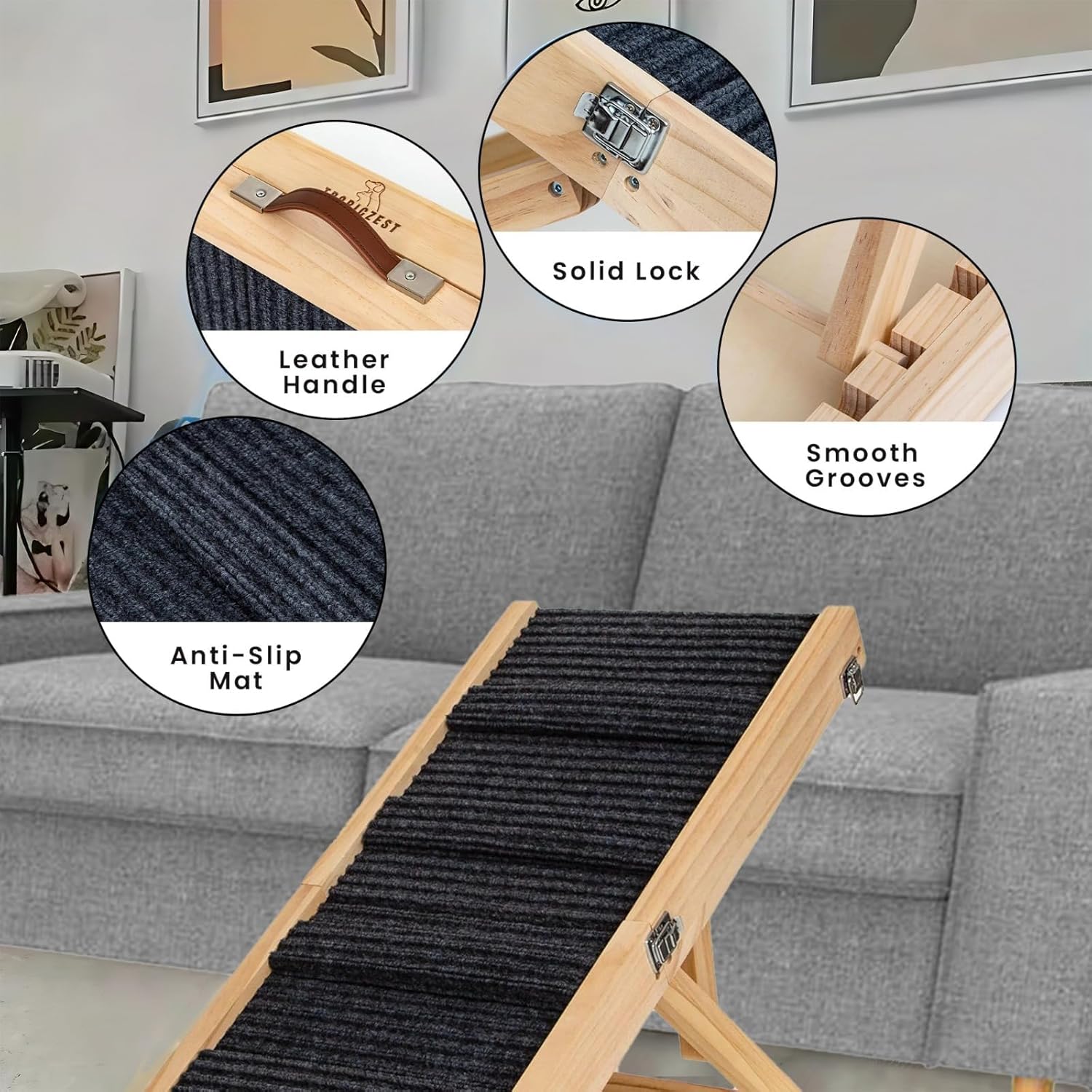 Dog Ramp for Bed and Couch - Wooden Adjustable Pet Stairs with 4-6 Height Settings for Dogs, Cats, Puppies, Pets and Indoor Outdoor Use