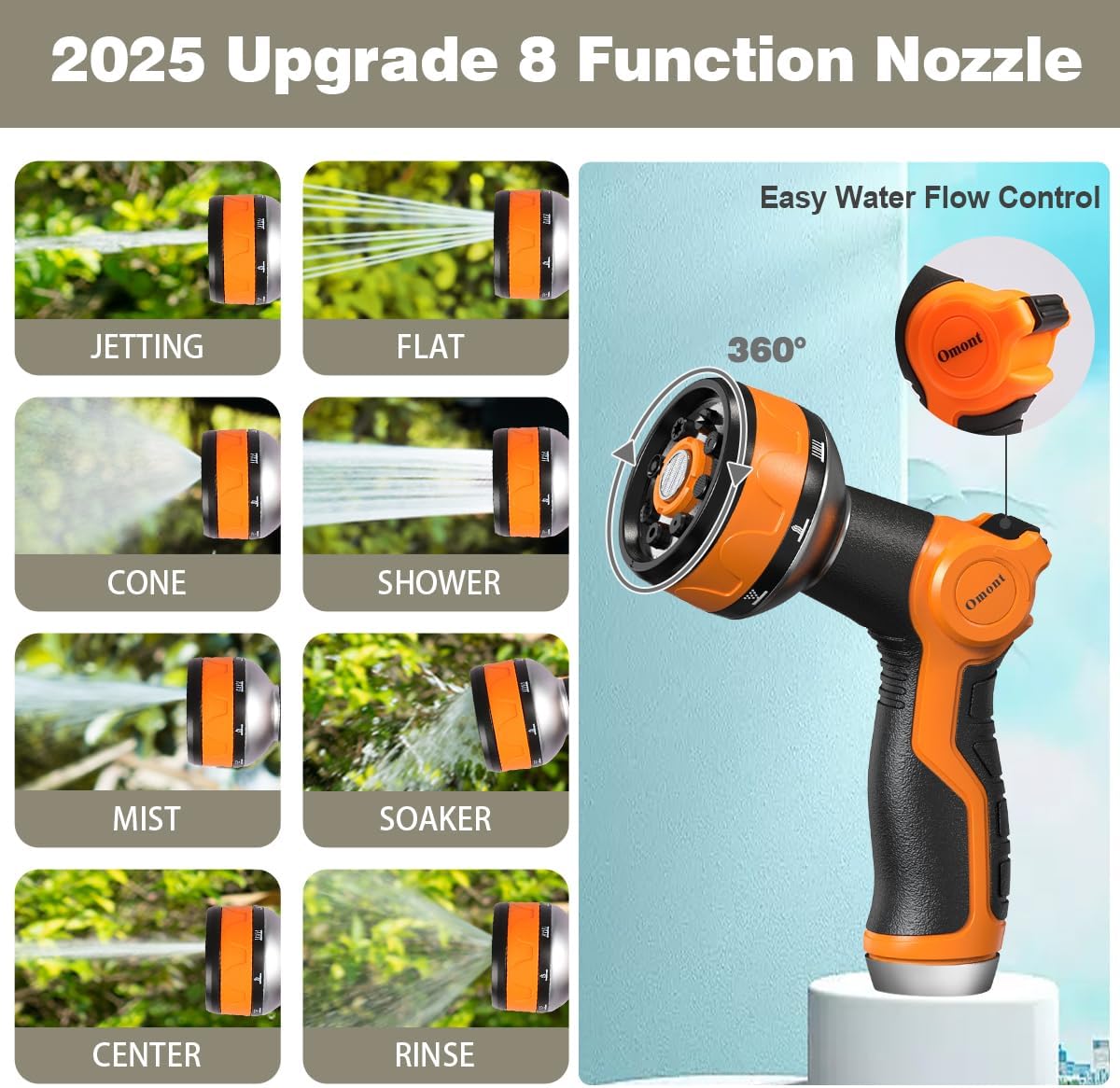 Omont Garden Hose Non-Expandable 50ft, Flexible Water Hose with 8 Function Spray Nozzle, Portable, Kink-Free, Leak-Proof, Lightweight Hose for Car Wash, Yard, Outdoor, Lawn