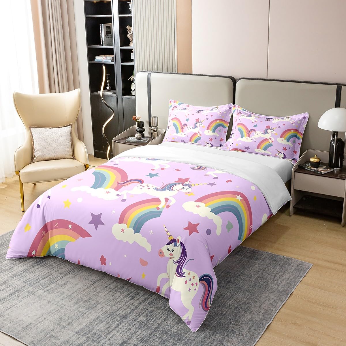 Manfei 3 Pieces Unicorn Rainbow Duvet Cover 100% Nature Cotton Queen,Cartoon Rainbow Stars Watercolor Graffiti Comforter Cover,Cute Unicorn Pattern Purple Print Super Soft Bedding (Not Comforter)