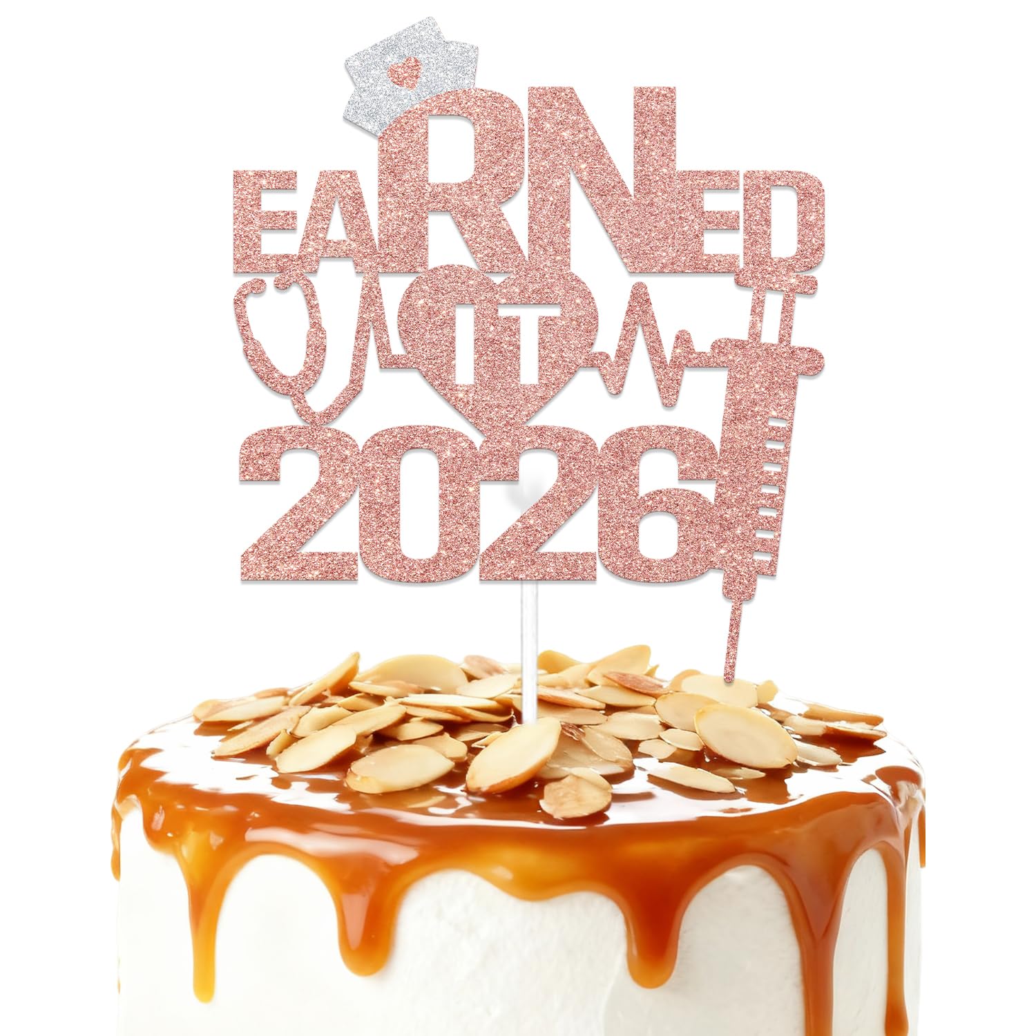 ZCXVC Earned It 2026 Cake Topper Nurse Graduation Decorations 2026 Nursing School Survivor Gradaution Party Decorations Supplies Rose Gold Glitter