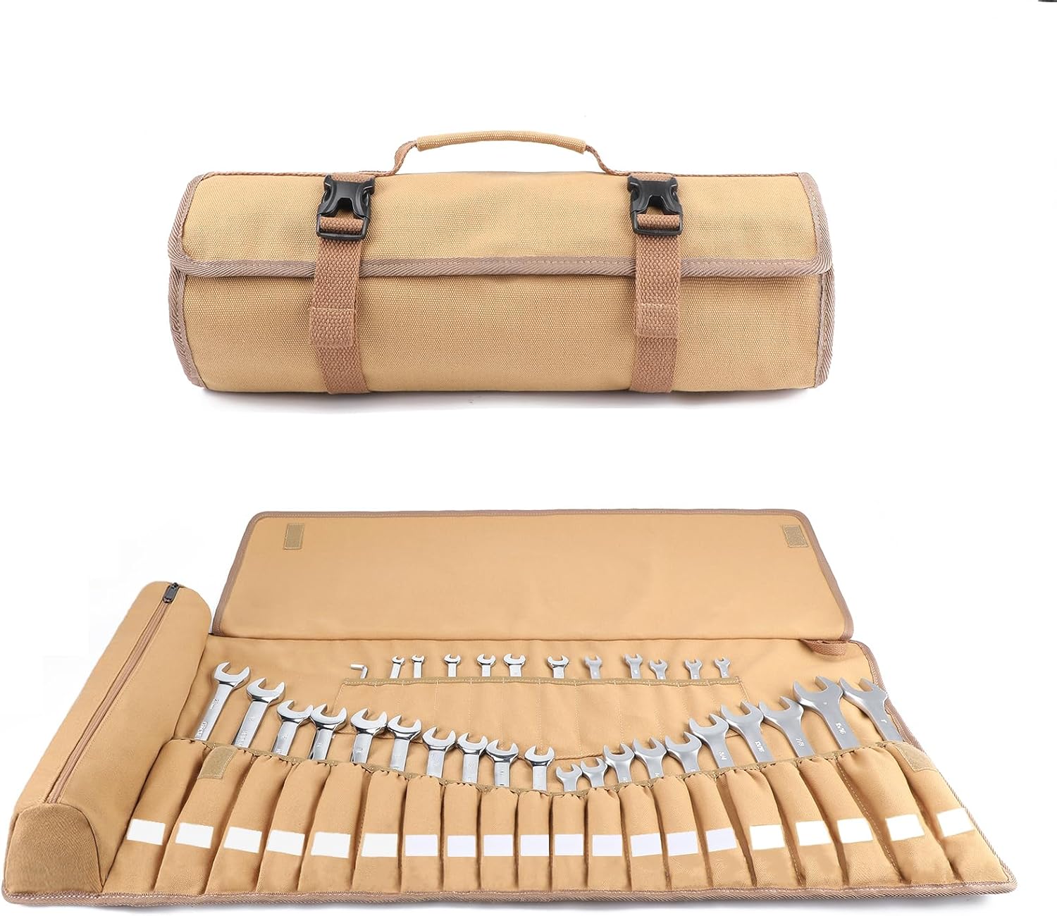 Wrench Roll Organizer 32 Pockets, Heavy-Duty Canvas Wrench Roll Up Pouch Tool Roll Bag for Metric and SAE Wrenches, Tool Holder Organizer with Buckles and Handle