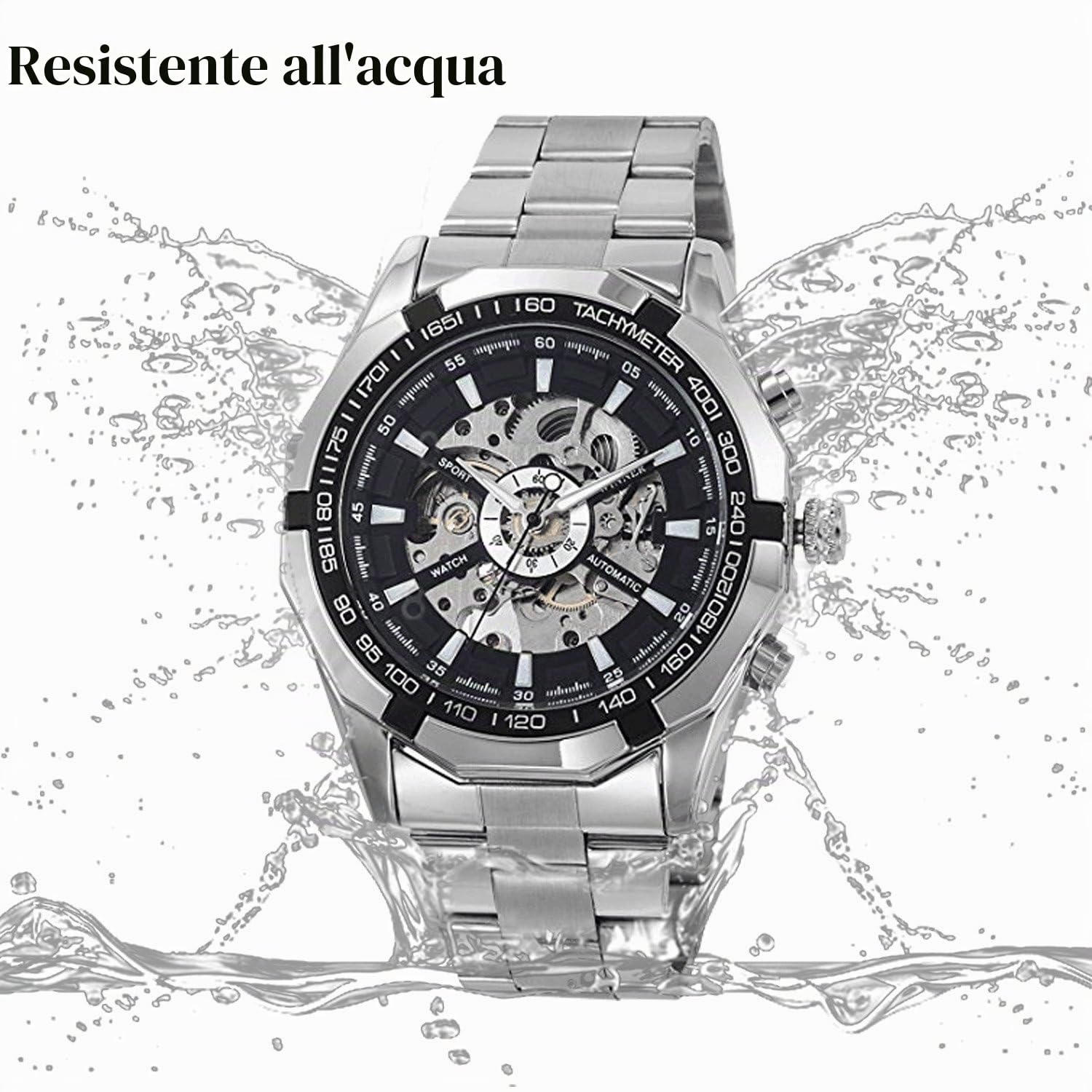 Gute Orologio da polso da uomo, meccanico, automatico, lancette luminose, scheletro, argento e nero, Argento, Cinturino