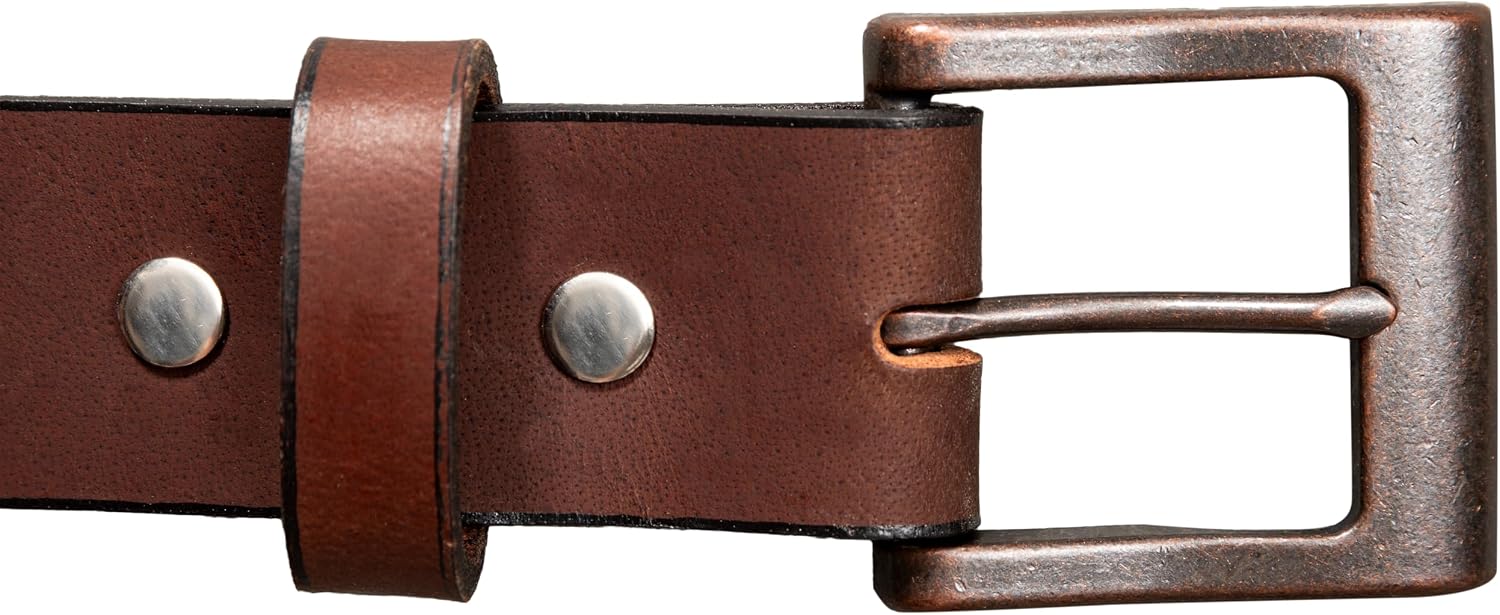 USA Made Full Grain 1.5" Water Buffalo Brown Leather Belt, Custom Buckle, Sewn & Raw Edge