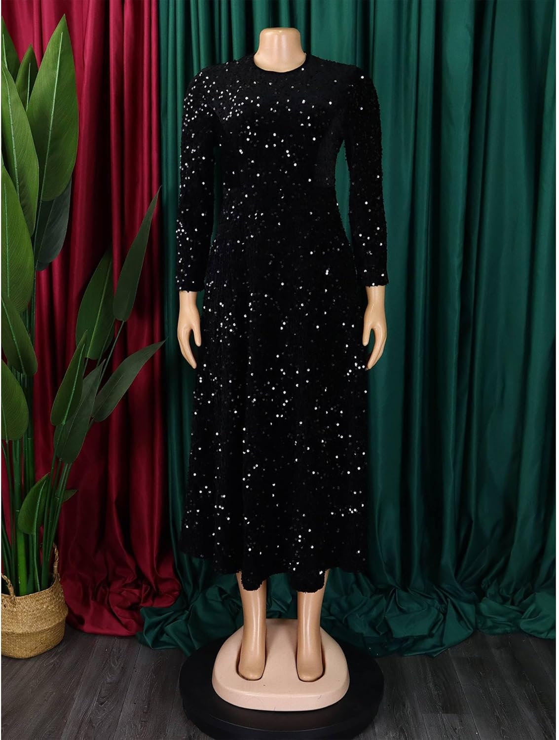 SOMTHRON Women's Sequin Dress Plus Size Long Sleeve A-Line Flared Party Cocktail Sparkle Glitter Evening Shiny Maxi Dress - Image 3