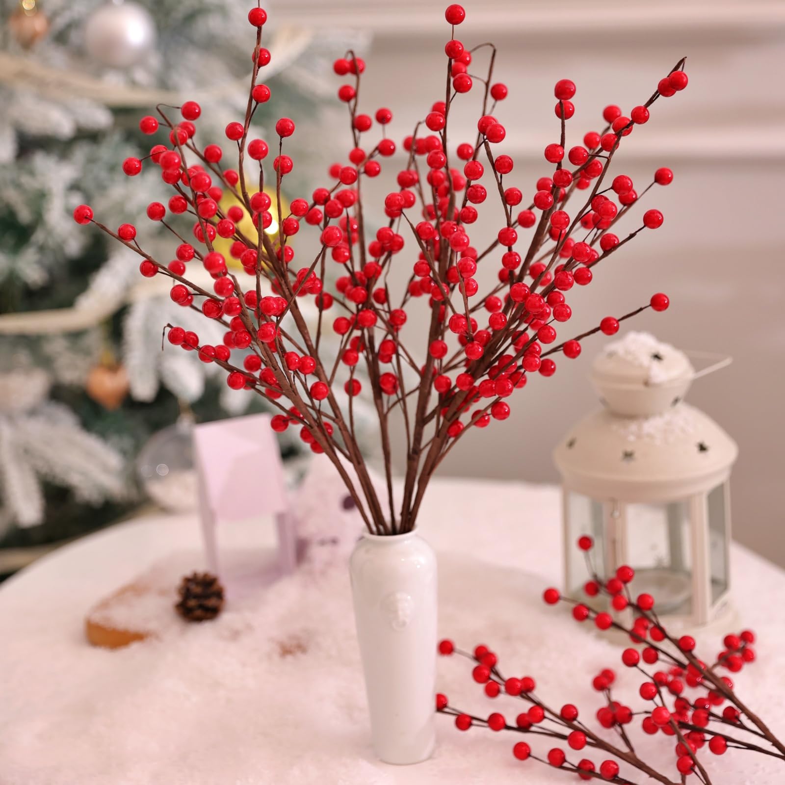 24xrote Weihnachts-Beerenstiele für Weihnachtsbaumschmuck und Dekorationen, Handwerk, Hochzeit, Urlaub, Heimdekoration, künstliche burgunderrote Beere, Weihnachtsspieße, Stechpalme (43.2 cm)
