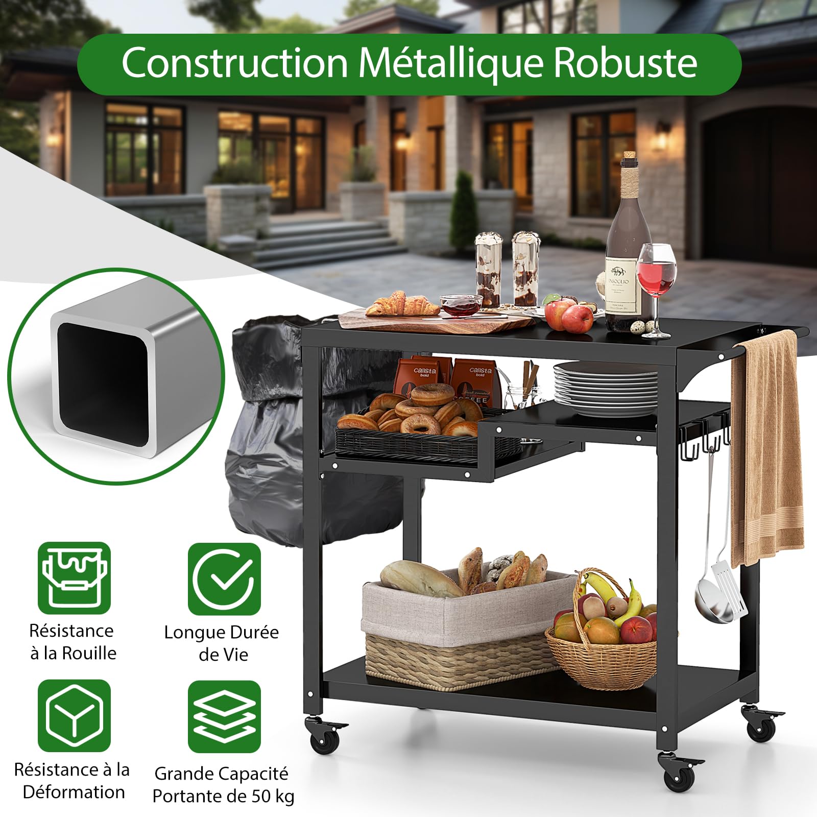 GOPLUS - Carro de barbacoa con 4 ruedas, postre exterior para barbacoa, plancha con 4 ganchos y estante, 111 x 50,5 x 93 cm, carga 50 kg, UI21160ELFR