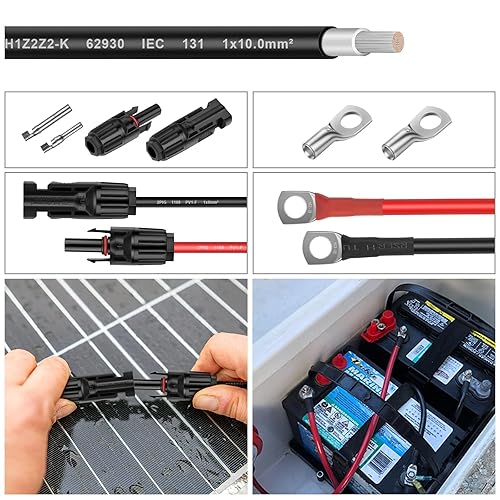 Miniatura 4 de Shirbly Cable de panel solar  Cable de cobre estañado rojo de 50 pies, 8 AWG (10 mm) cable de extensión solar para exteriores, automóvil, RV, barco,