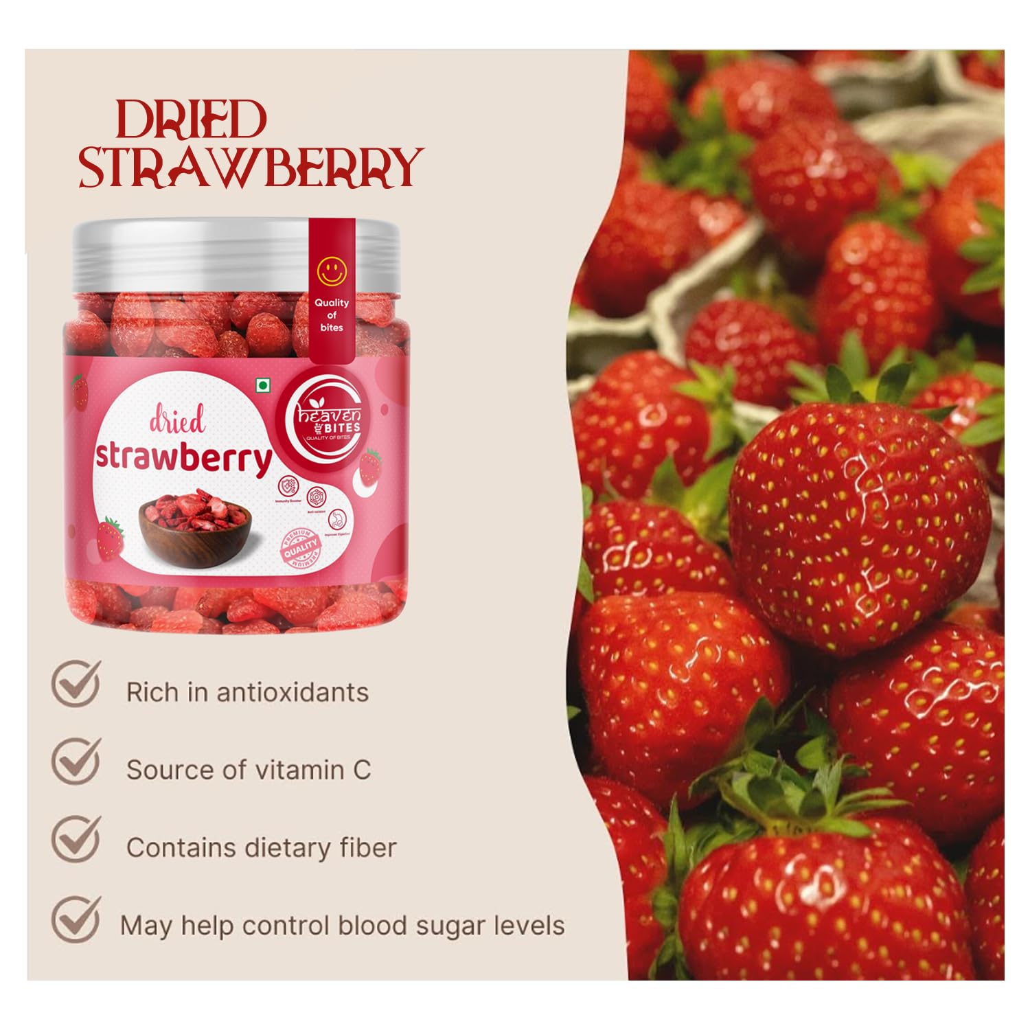 Heaven Bites Dried Strawberry 1000 GM| Wholesome and Natural Stawberries | Plant Based Protein | 100% Natural Rich in Vitamins & Minerals Dehydrated Strawberries Dry Fruit Whole & Dry Strawberry - Image 5 thumbnail