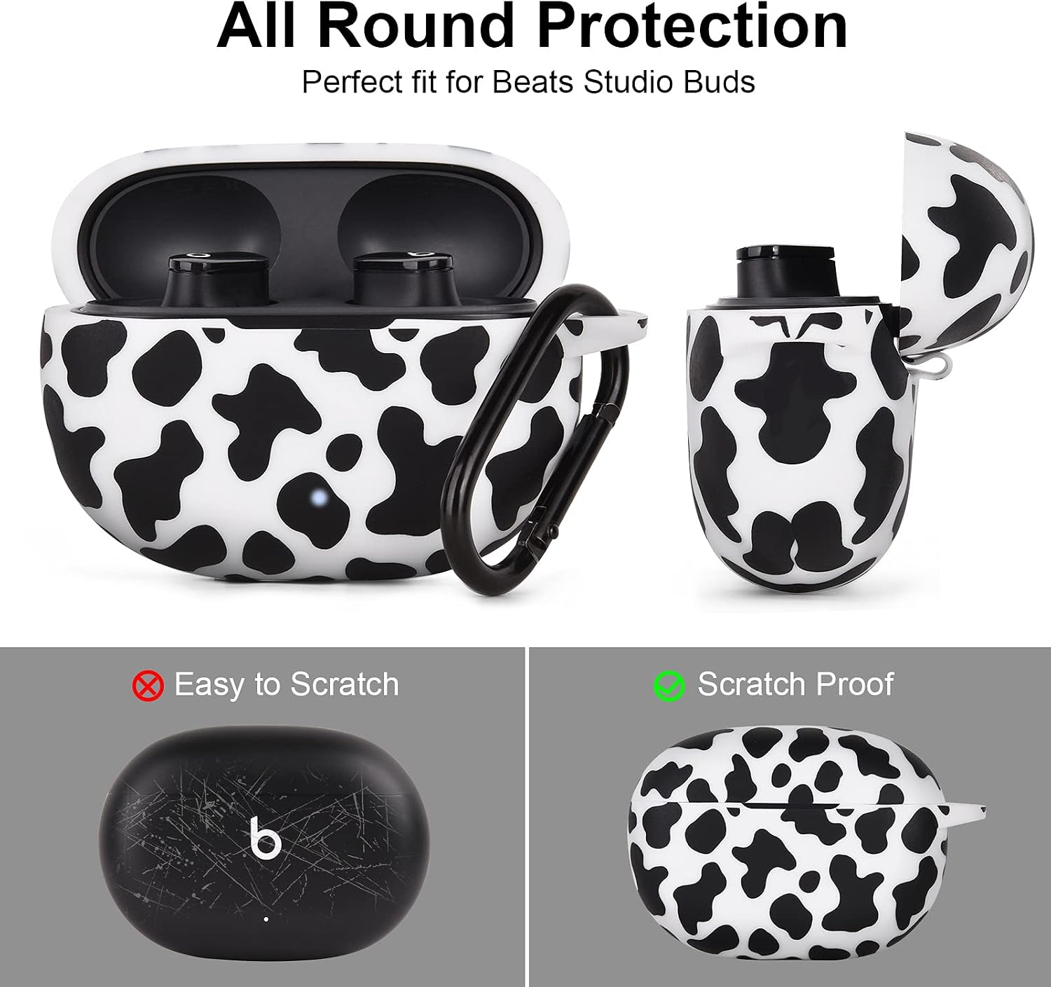 AIRSPO Case for Beats Studio Buds Silicone Floral Printed Protective Beats Studio Buds Earbuds Headphones Case Cover Skin with Keychain (Black/Cow)