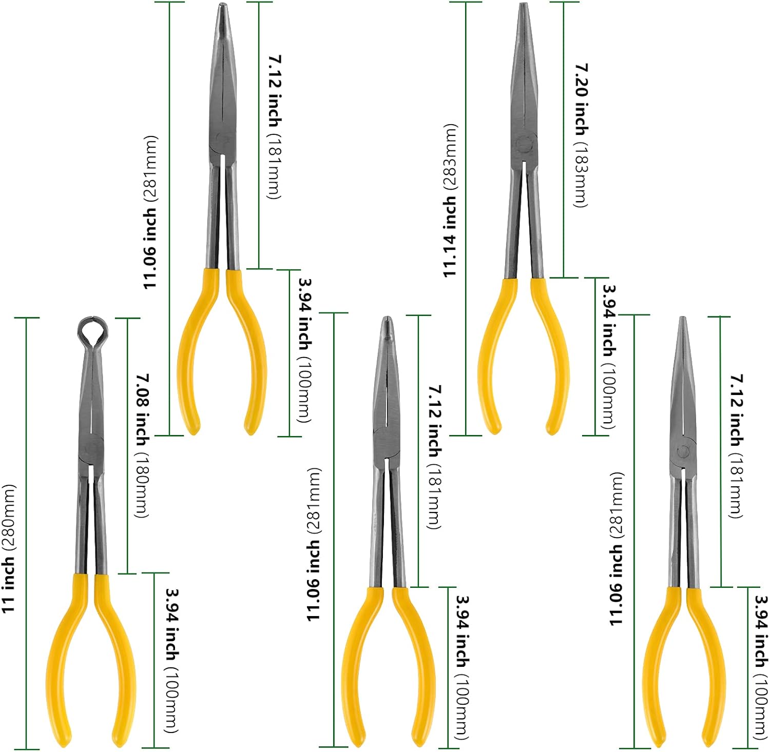 HAKZEON 5 PCS 11 Inch Long Reach Hose Grip Pliers, Long Needle Nose Pliers Set, Straight, 25/ /45/90 Degrees and Round Plier, Offset Spark Plug Boot Removal Plier