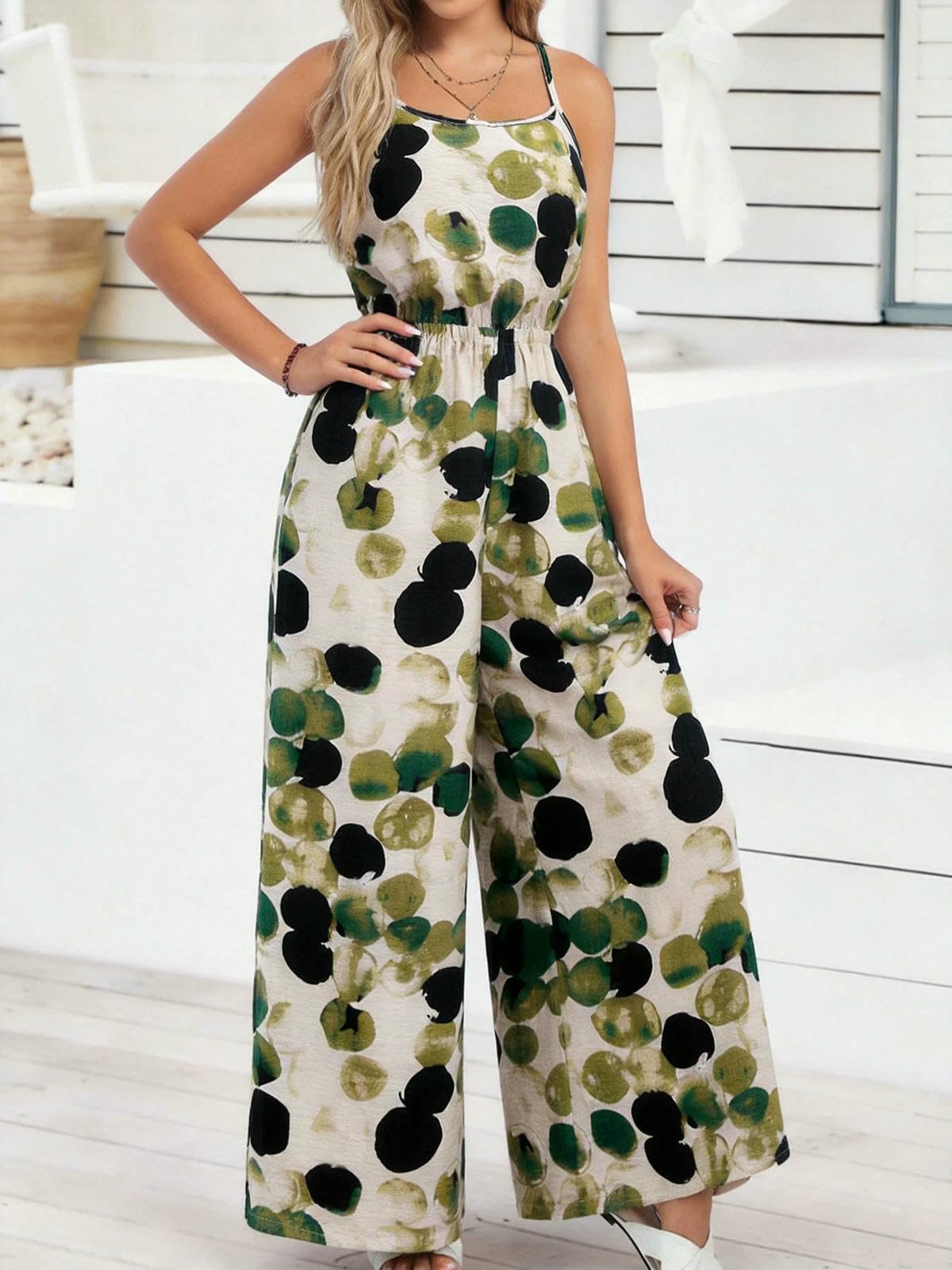 Mono De Verano Mono De Mujer Verde Y Negro con Estampado, Tirantes Finos Y Pernera Ancha.