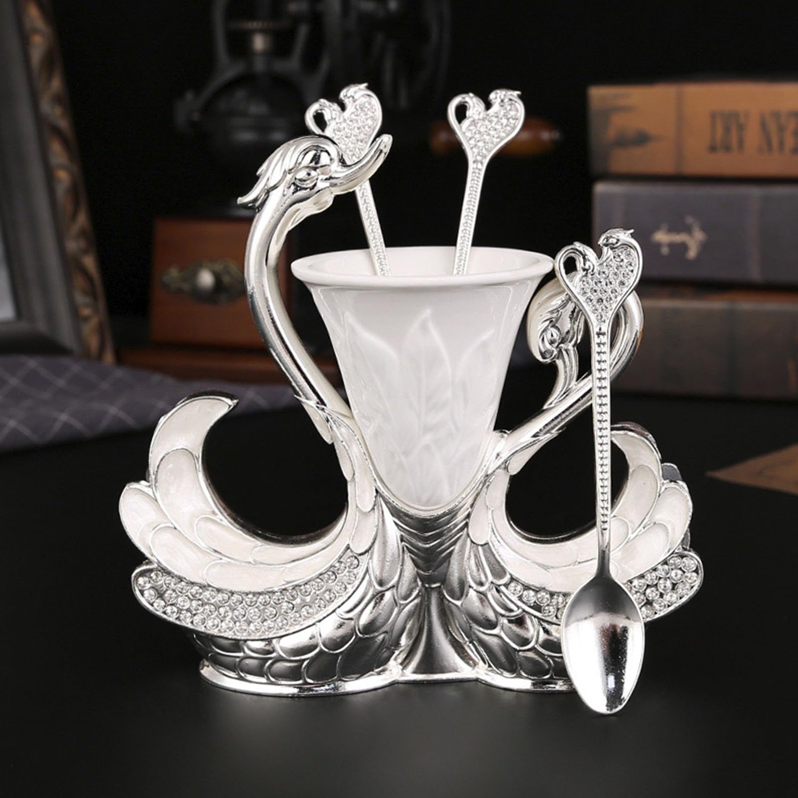 YOUTHINK Decorative Dinner Spoon Set, Swan Shape Dinnerware Set Exquisite Elegant Spoon Holder with 6 Spoons for Coffee Fruits Desserts (Silver)