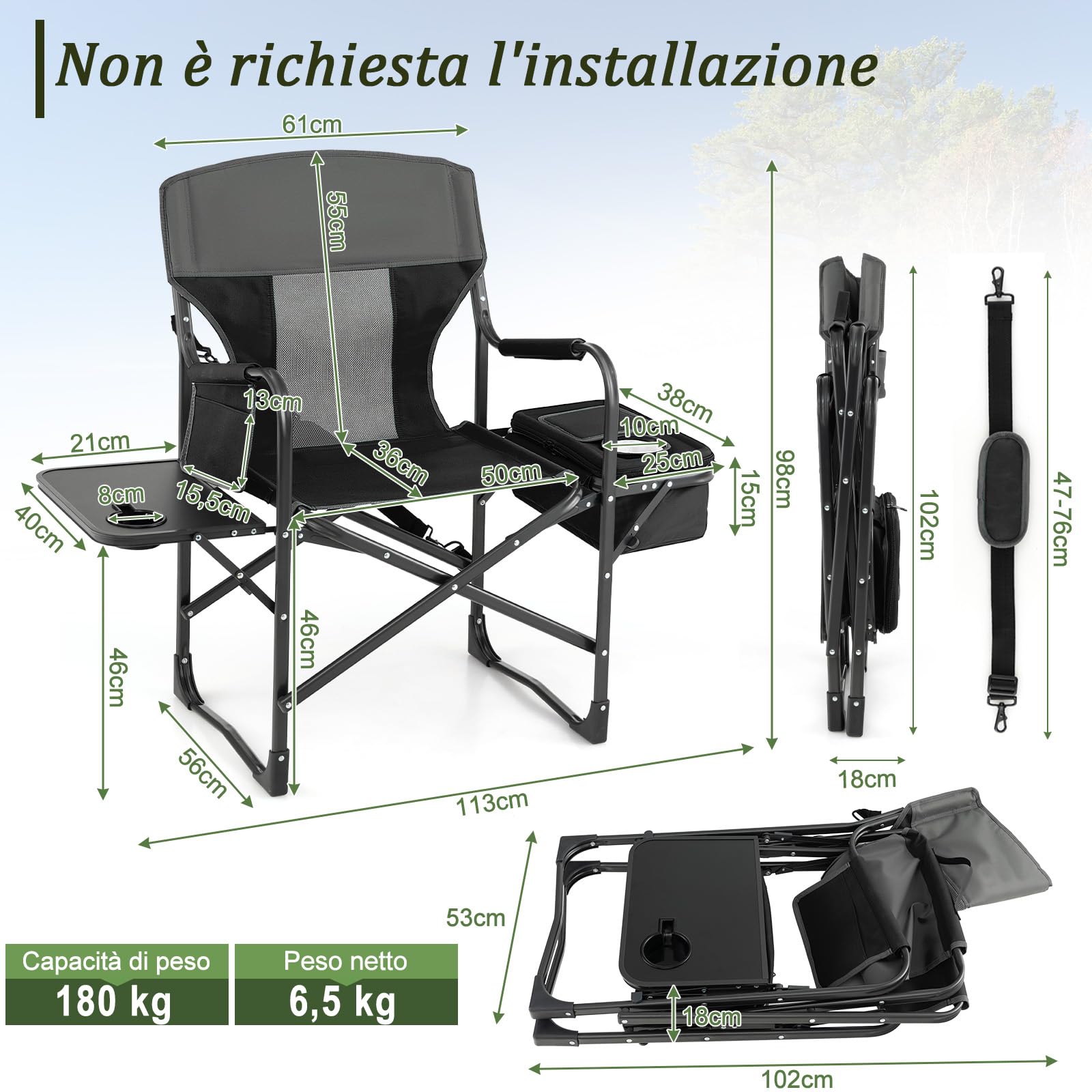 GYMAX Sedia da Campeggio Pieghevole, con Tavolino e Scomparto Laterale e Braccioli, Sedia da Esterno, Sedia da Regista con Borsa Frigo, Capacità di Carico 180 kg, 113 x 56 x 98 cm (NERO)