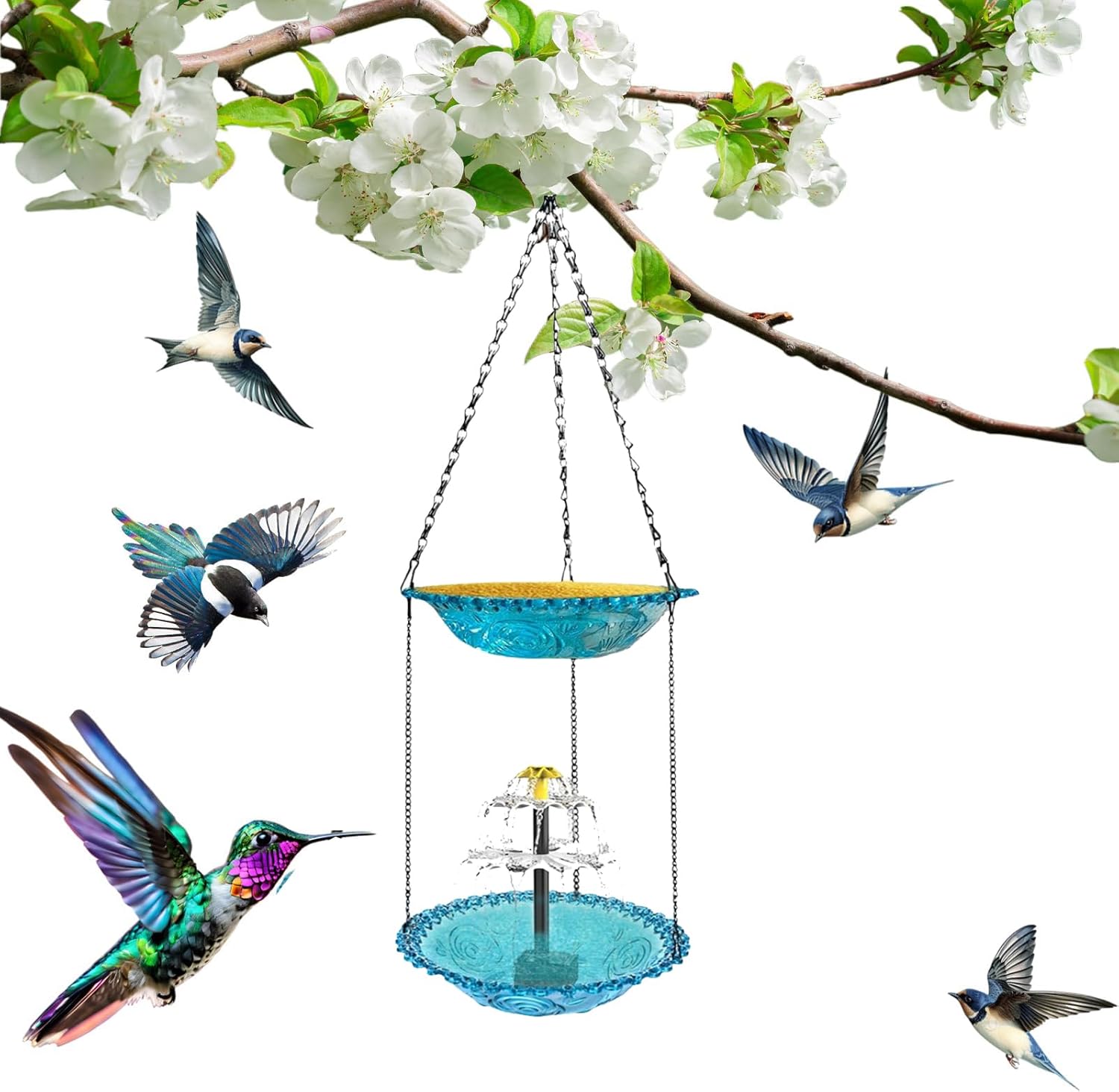 Solar Cascade Hanging Bird Bath Fountain - 27.55" h Metal Solar Powered Birdbath with Water Pump, Weatherproof Hanging Water Feature to Attract Wild Birds & Hummingbirds for Garden Decor (Blue)