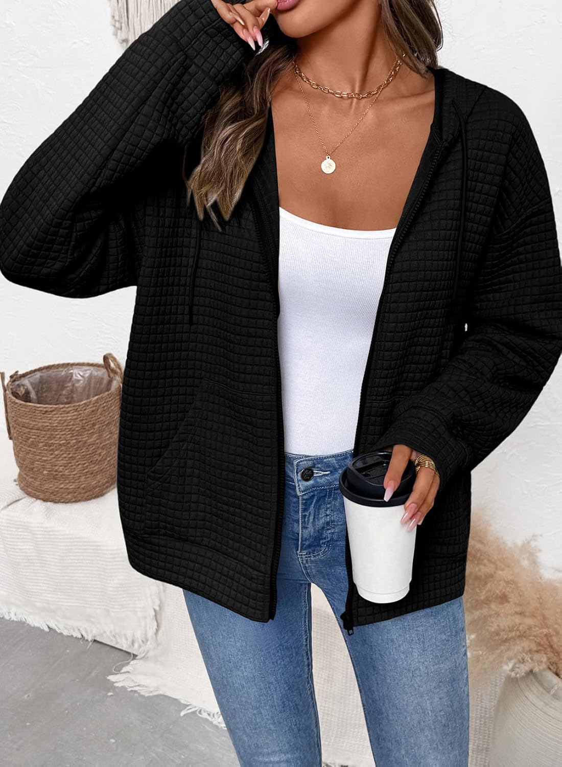 SHEWIN Womens Zip Up Hoodies Oversized Sweatshirt Fall Fashion Outfits 2025 Casual Waffle Hooded Jackets - Image 3