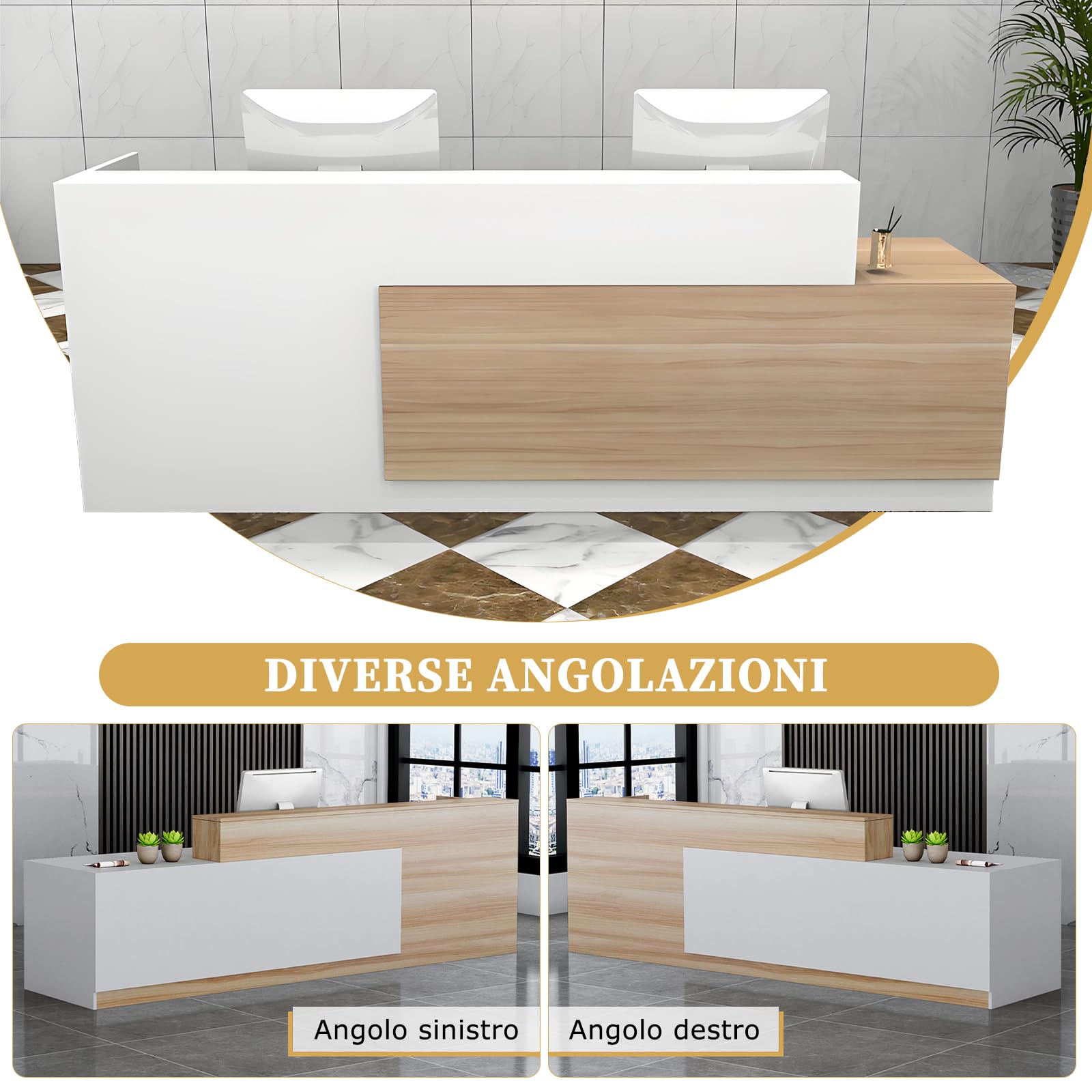 Bancone Reception, Banco Reception con Cassetto e Ripiani Aperti, Banconi Reception da 100–240 cm, Moderno per Ufficio, Adatto per Saloni, Yffici, Hall, Negozi al Ddettaglio