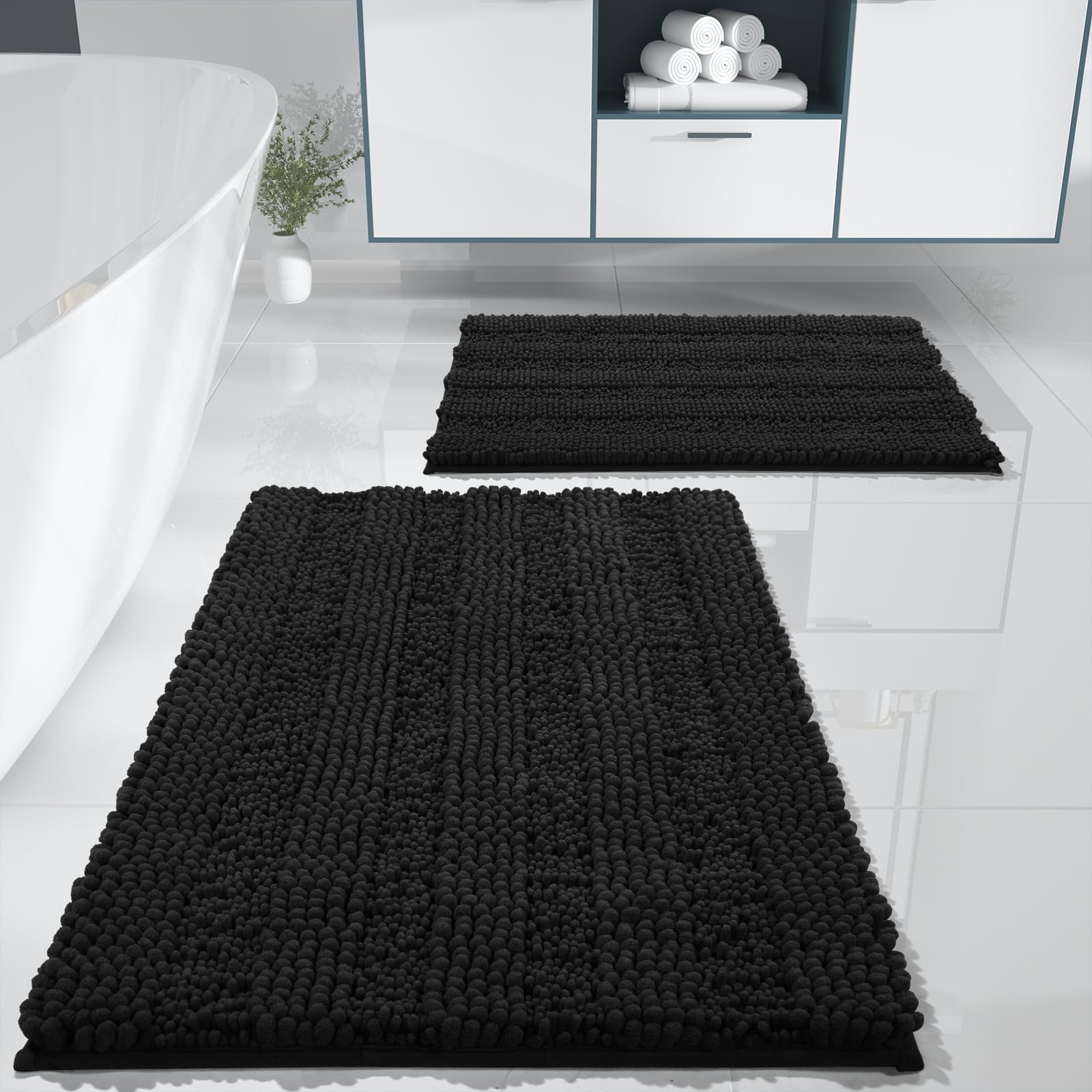 Yimobra Bathroom Rug Set 2 Piece, Soft Absorbent Chenille Bath Mat Set, Non Slip Machine Washable Quick Dry, Plush Shower Rugs for Bathroom Floor Sink