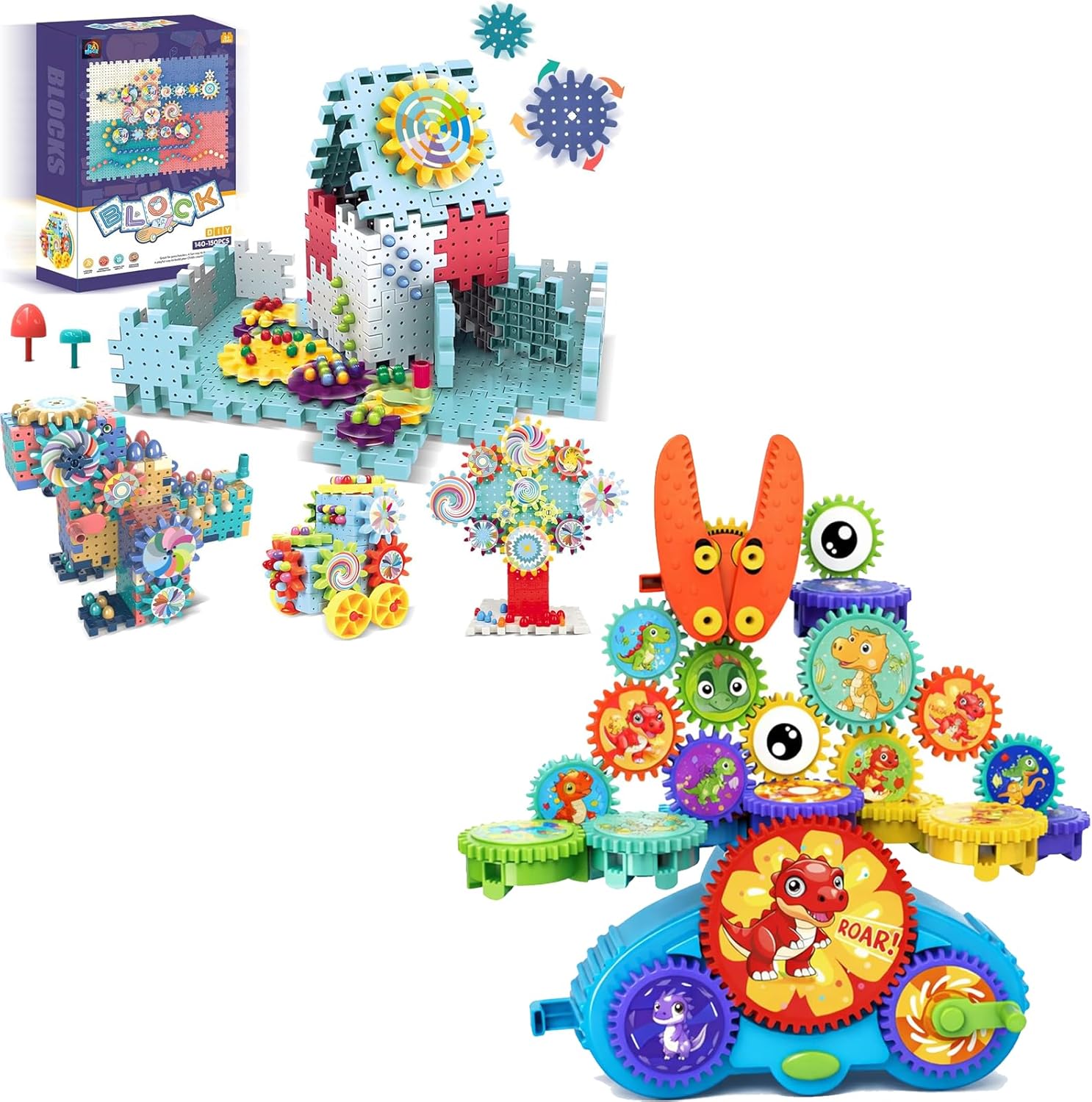 Motorized Gear Building Blocks Electric Dinosaur Spinning Set + 150-Piece Interlocking Gear Building Blocks STEM Kit — Ages 3–6 Bundle