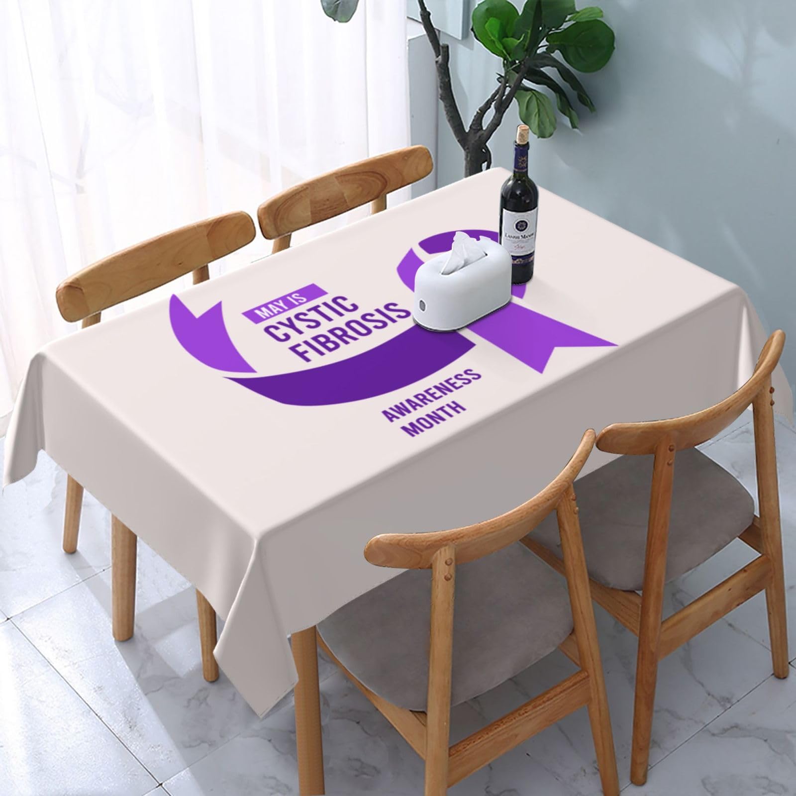 JunHeArt Cystic Fibrosis Awareness Month Purple Ribbon Tablecloth Rectangle Table Cover Washable Table Cloths Decor For Kitchen 54" X 72"
