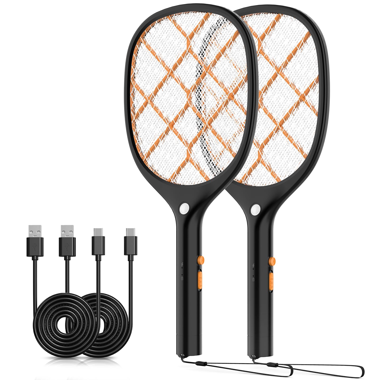 YISSVIC Electric Fly Swatter 4000V Bug Zapper Racket Rechargeable Mosquito Insect Fly Killer Electric 3 Layers Mesh with Type-C Cable for Indoor Outdoor Black Orange 2 Pack
