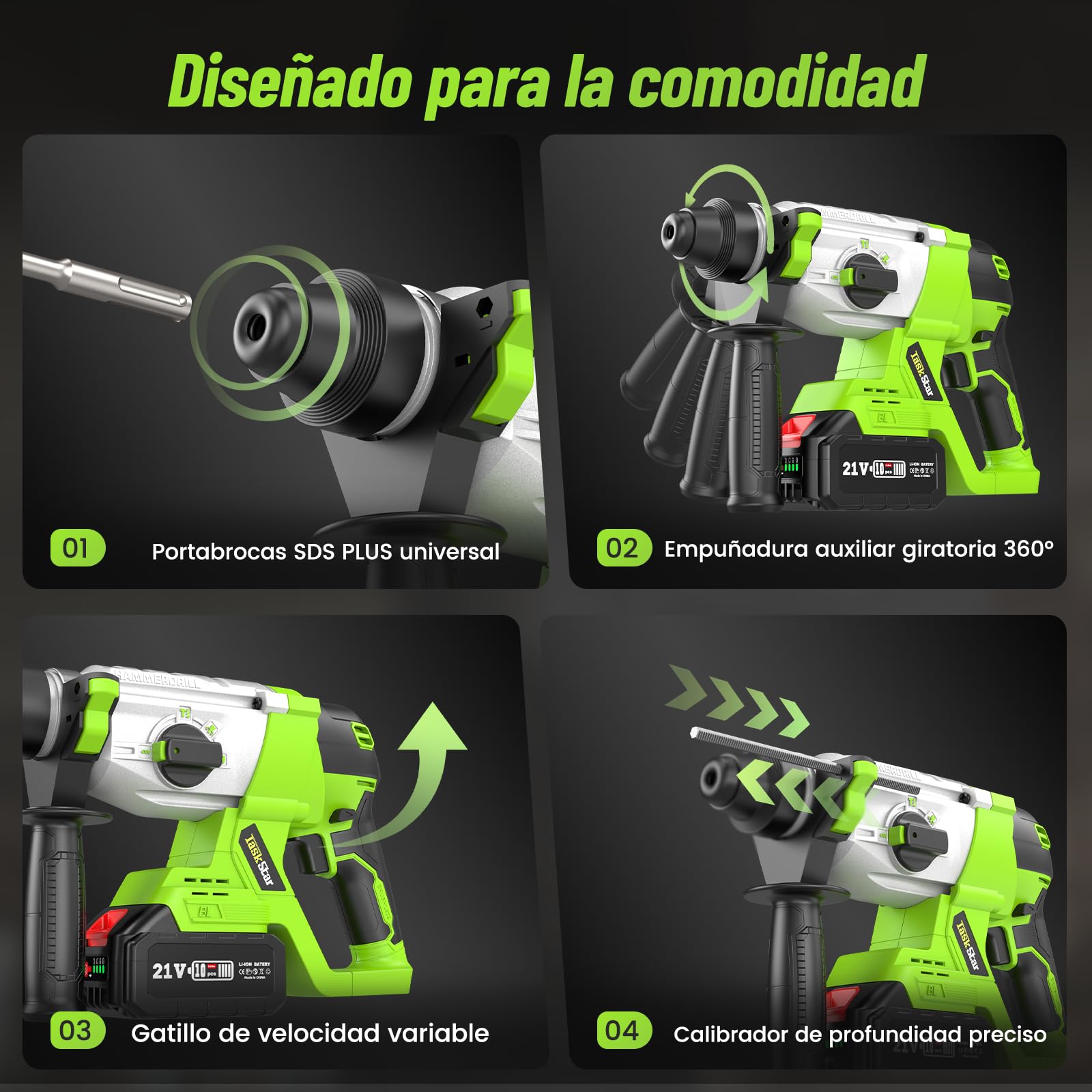 TaskStar 4 en 1 Martillo Perforador Inalámbrico 2.3J, Motor sin Escobillas, con 2 baterías de 4.0Ah 21V y cargador, Multifunción Taladro Percutor Portátil y Eficiente para Proyectos de Bricolaje