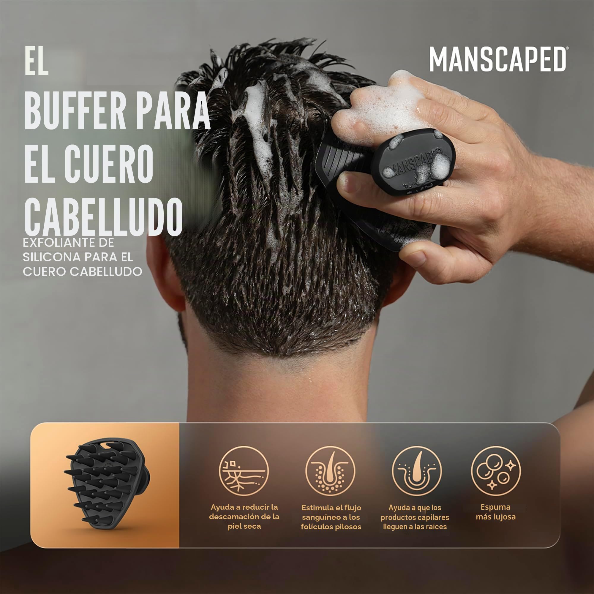 Cepillo de silicona para el cuero cabelludo para hombres MANSCAPED® The Scalp Buffer: cepillo de limpieza y exfoliación para el cabello, de mano, para un suave masaje del cuero cabelludo, paquete de 1