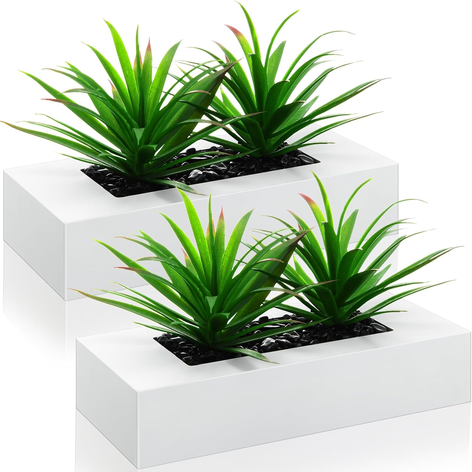 Hotop 2 Pcs Artificial Green Grass Plants in Wood Decorative Planter Pot Wooden Faux Greenery Rectangle Box Table Plant for Tabletop Centerpiece Indoor Decor(9.5 Inch,White) 9.5 Inch White