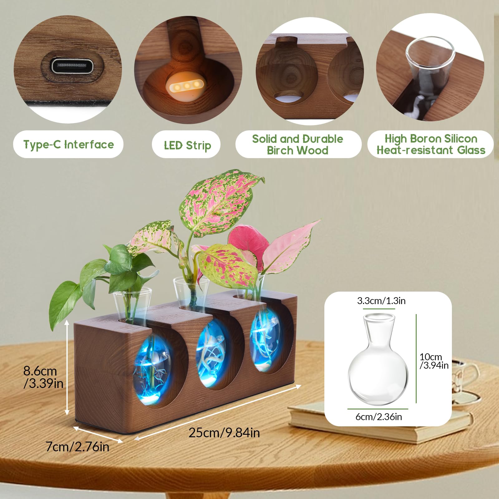 Station de propagation de plantes avec support en bois, terrarium avec 4 modes d'éclairage LED réglables à 9 niveaux, 3 vases de propagation en verre pour culture hydroponique, tubes de propagation