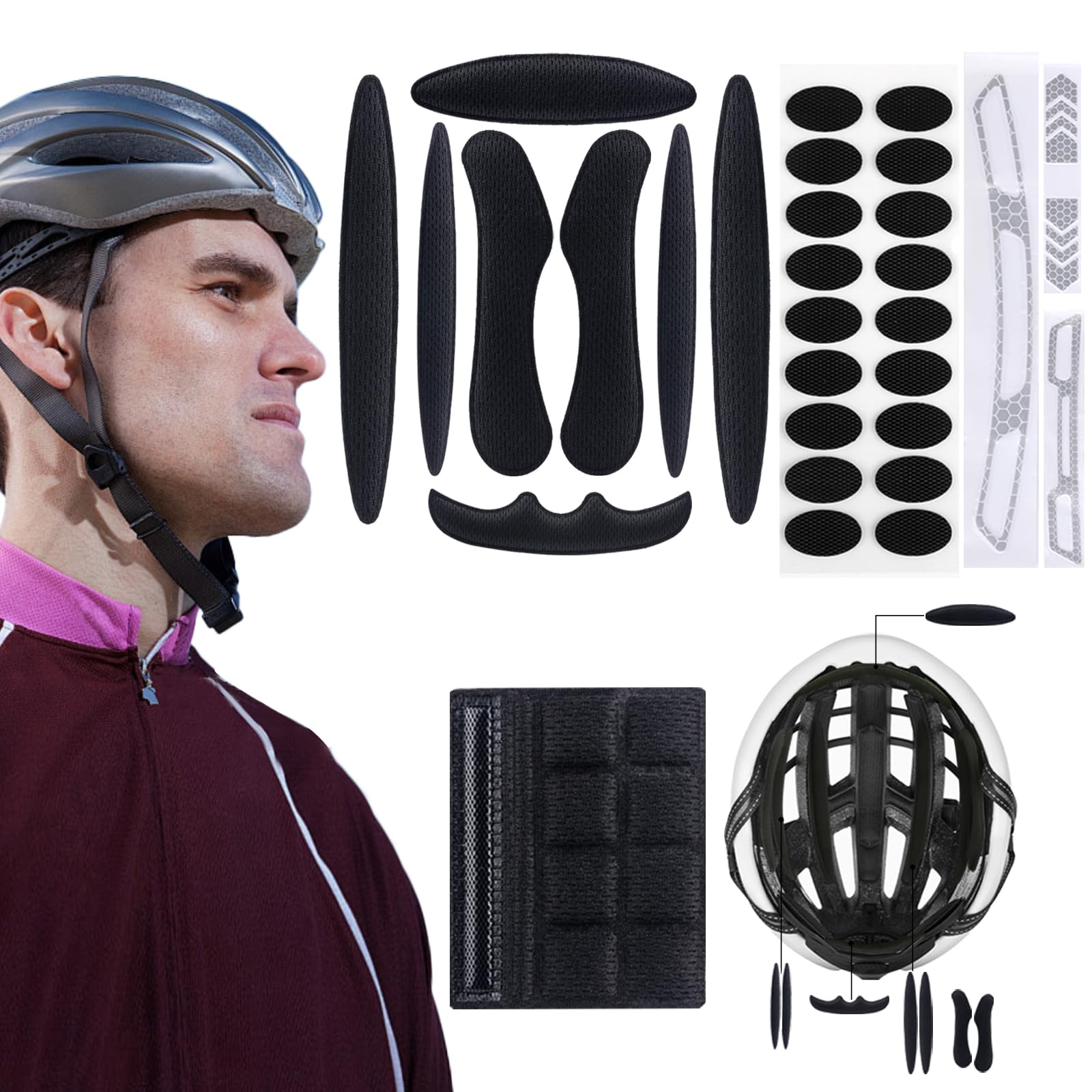 1 Set Fahrrad Helmschutz Universal Fahrradhelmschutz schwarz Fahrrad Helmpolster Ersatzteile mit 18 Punkten Klettverschluss, reflektierende Helmpolsterung Sport & Freizeit