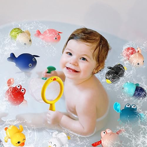 Miniatura 6 de Los juegos de juguetes de baño incluyen 12 juguetes flotantes con 2 redes de pesca en forma de pato, juegos de piscina, juguete para bañera y ducha,