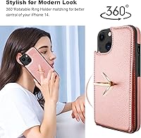 Vista 3 de Folosu Funda tipo billetera compatible con iPhone 14 con soporte para tarjetas, rotación de 360°, soporte de anillo de dedo con función atril