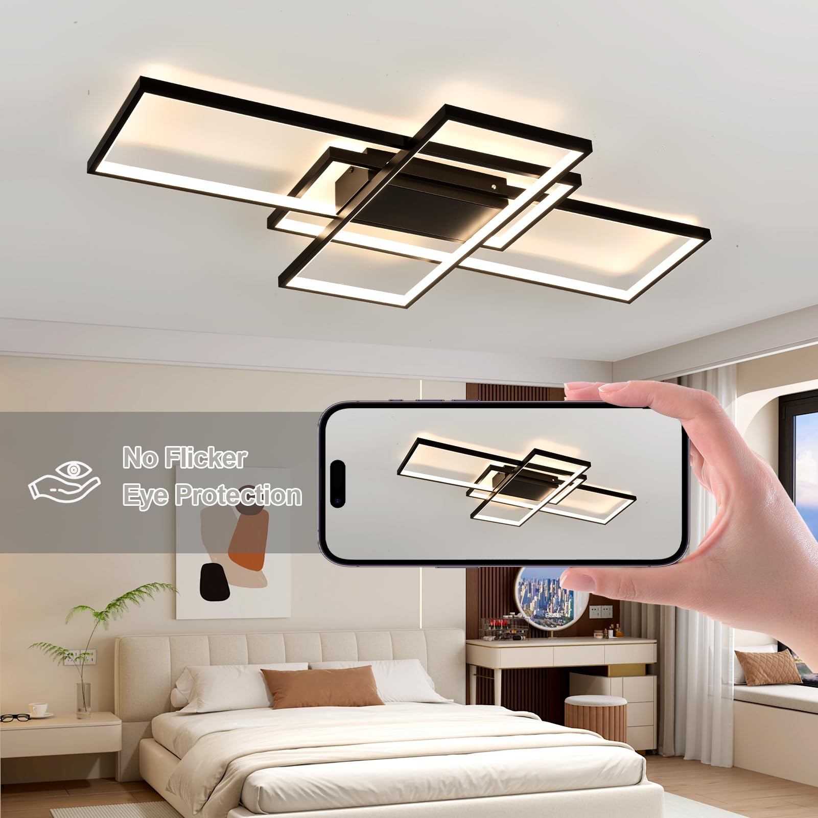 Plafonnier LED Dimmable 80CM 45W Luminaire Plafonnier Salon Noir
