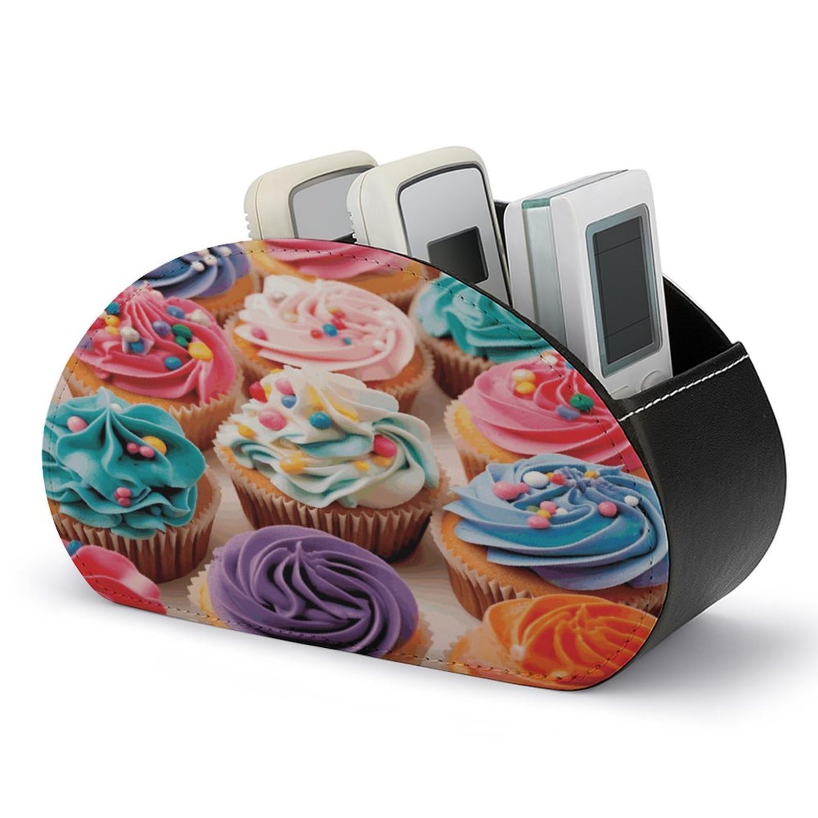 LZQPOEAS Birthday Cupcakes Remote Control Holder with 5 Compartments PU Leather Remote Organizer Box Caddy for Table Nightstand Remote Caddy Desktop Organizer Fits Media Controllers