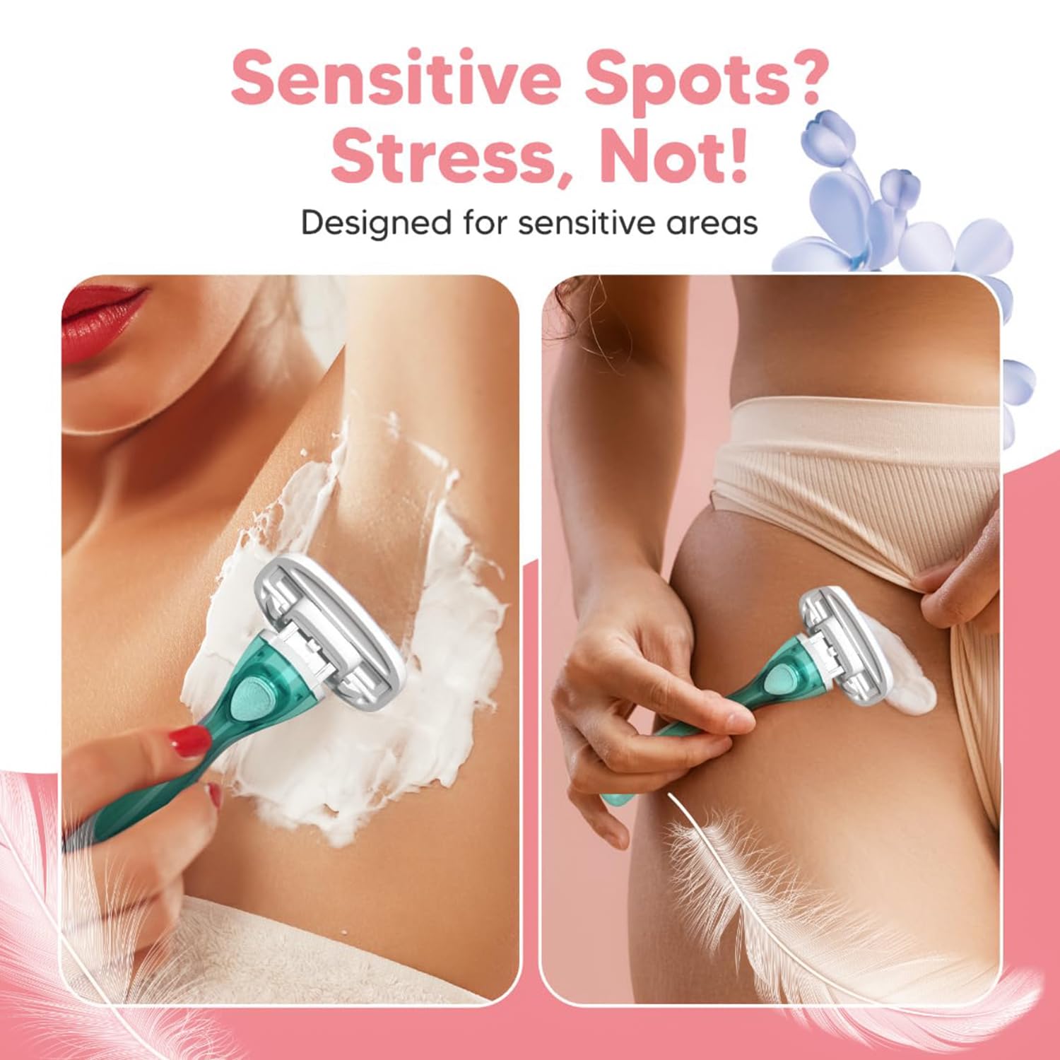 LetsShave Evior 3 Senstive Razor Blade Refills for Women (Pack of 4) | Dual Moisture Bar infused with Aloe vera | Bikini Area & Full Body Hair Removal Blades 4