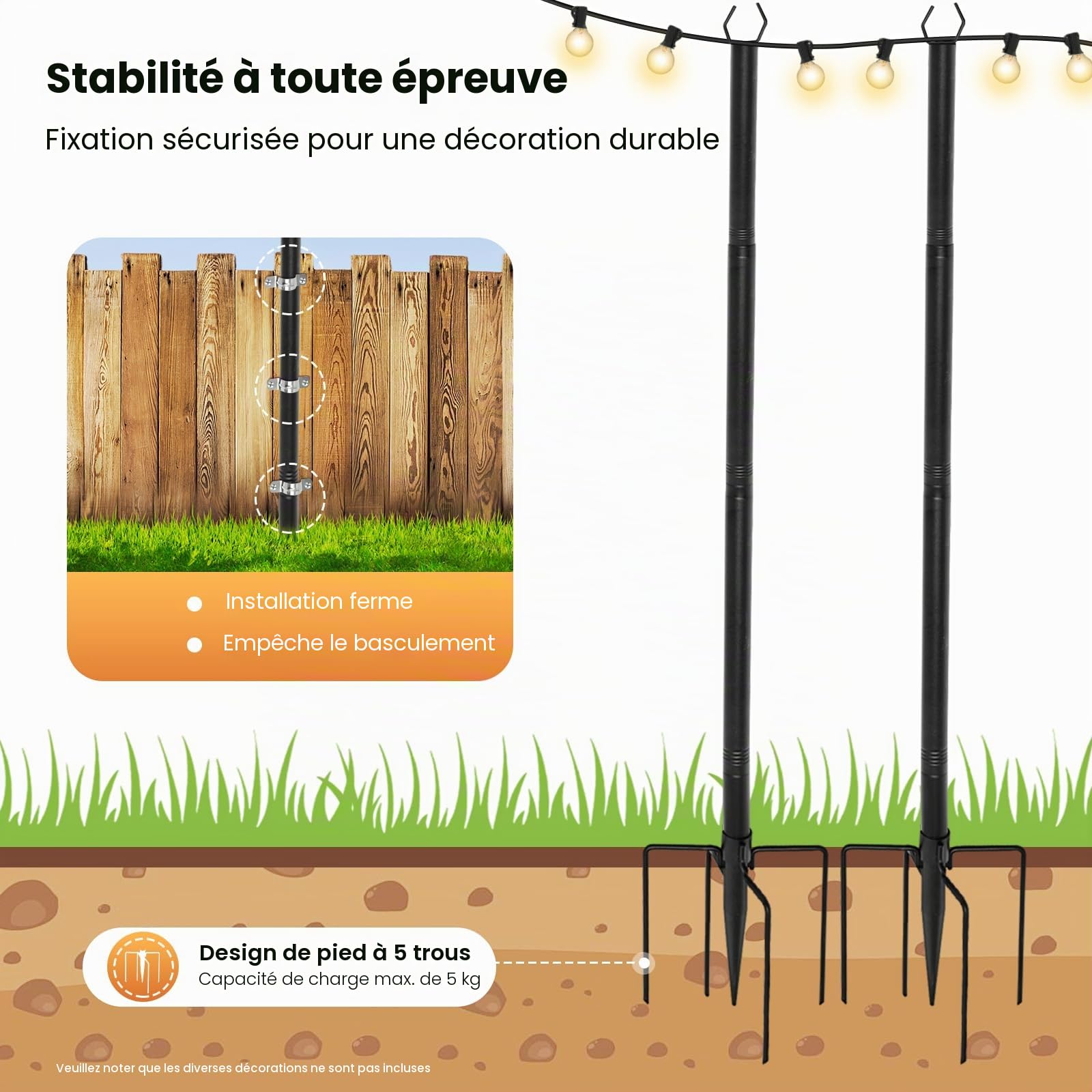 Lot de 4 barres lumineuses de 3 m - Mâts lumineux suspendus en métal pour éclairage extérieur