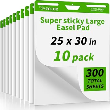 YEECOK Super Sticky Easel Pad, 25 x 30 Inches, 30 Sheets/Pad, 10 Pads 300 Sheets, Thick 100gsm Flip Chart Paper, Self-Stick Anchor Chart for Teachers, Office Training & Hybrid Meetings