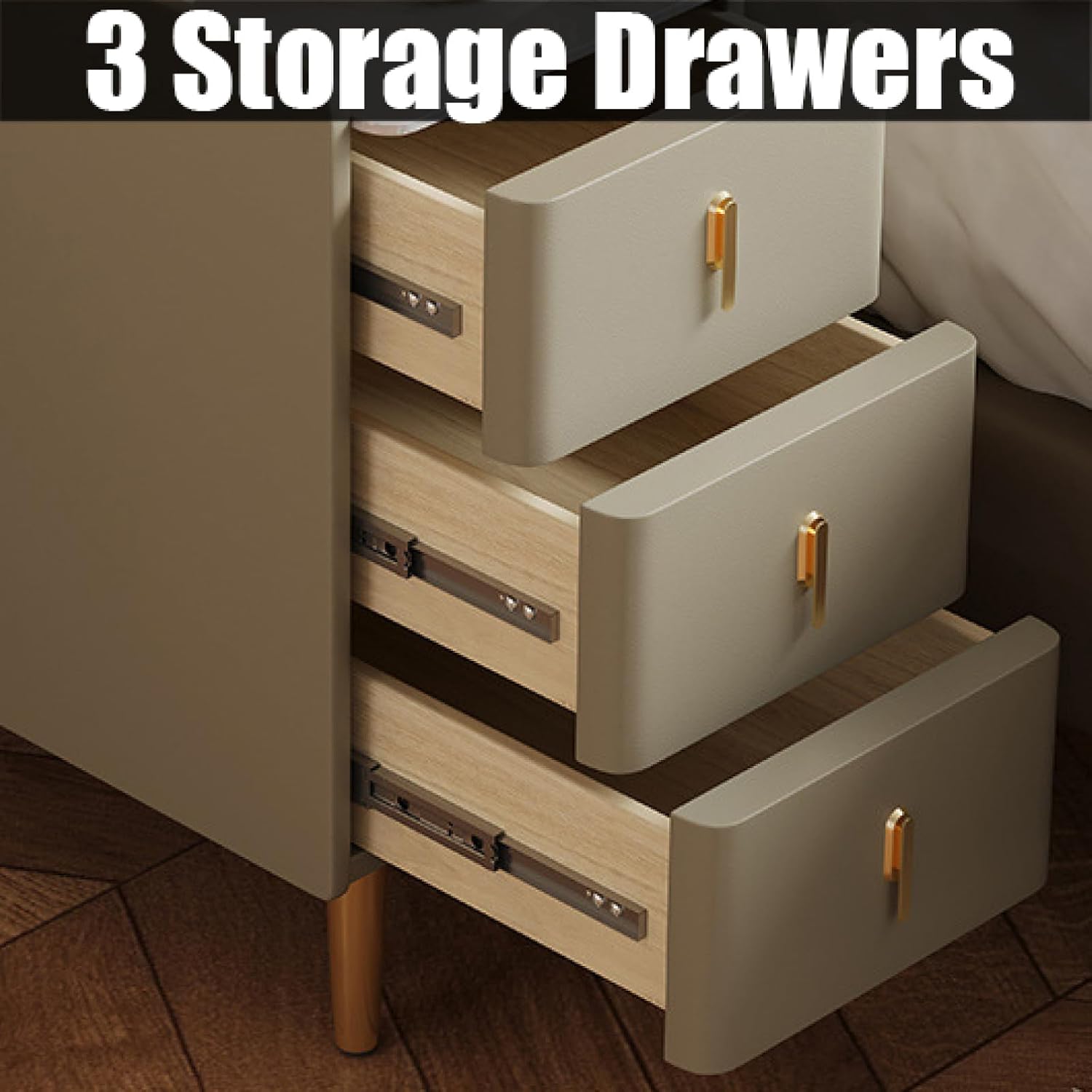 Close-up of three open drawers of the ALEEIK bedside table