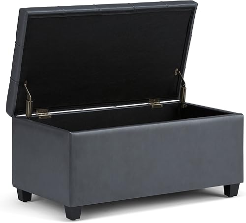 Miniatura 3 de SIMPLIHOME Sienna - Banco otomano rectangular de 34 pulgadas de ancho con parte superior de elevación en piel sintética copetuda gris piedra,